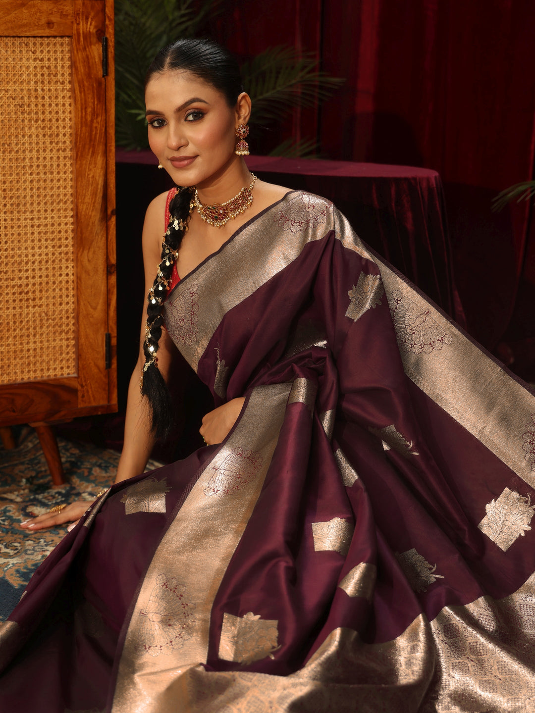 Libas Maroon Ethnic Woven Design Silk Blend Saree