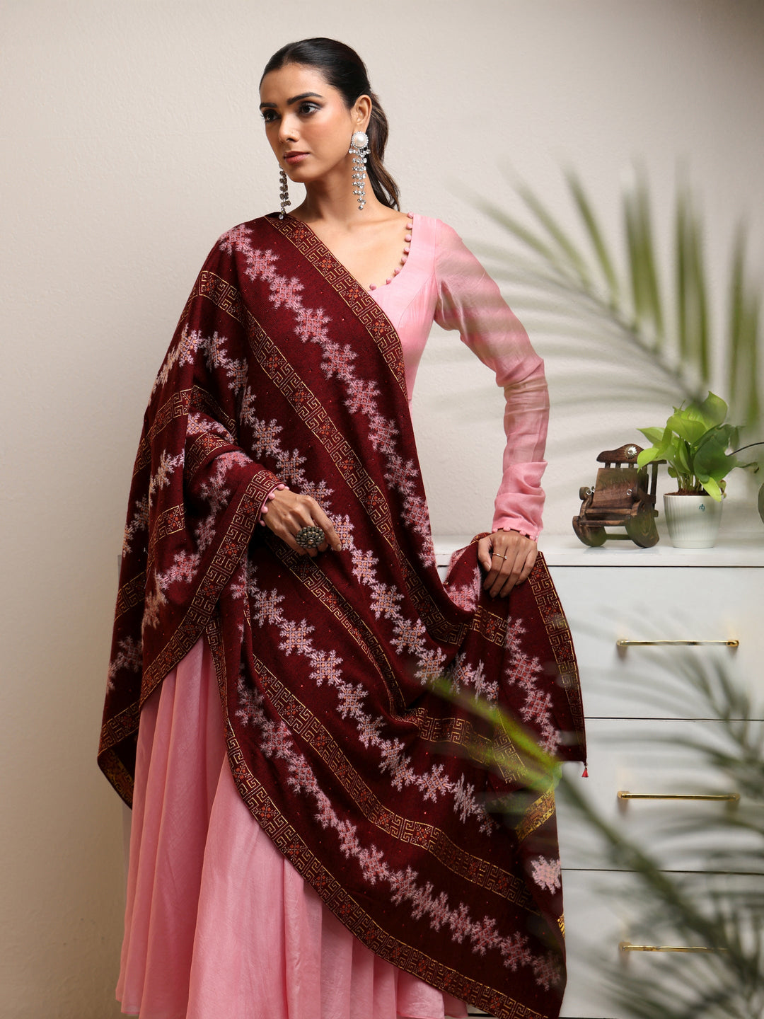  Libas Maroon Fair Isle Knitted Acrylic Wrap Shawl 