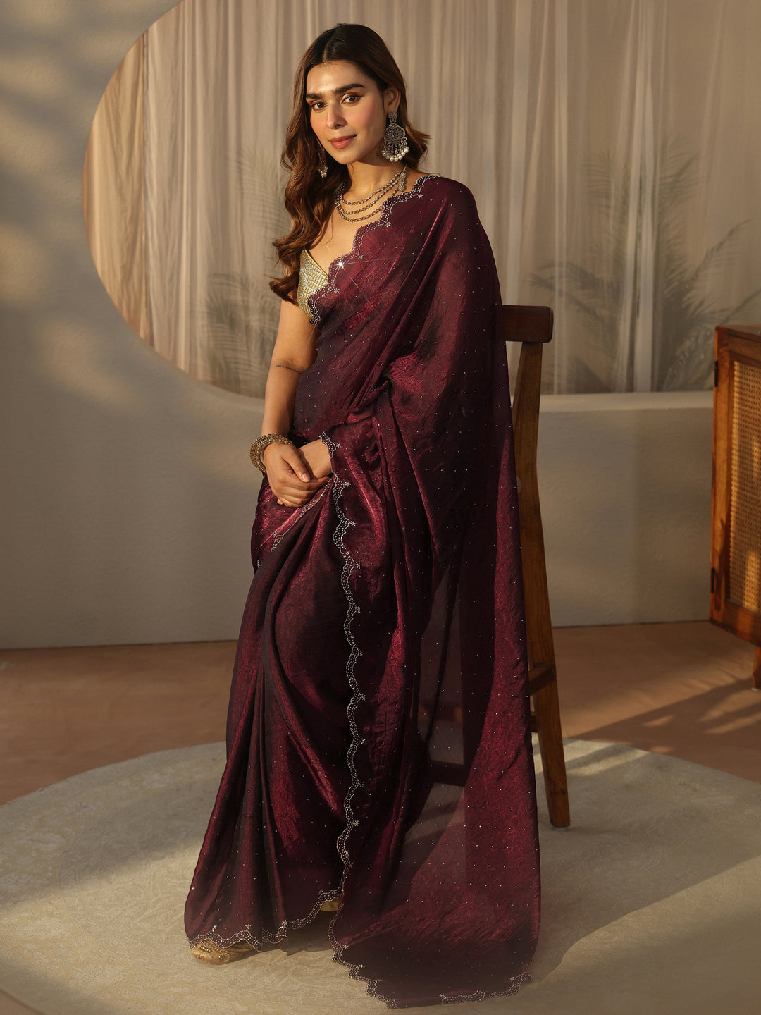  Libas Maroon Floral Embellished Tissue Saree with Scalloped Border 