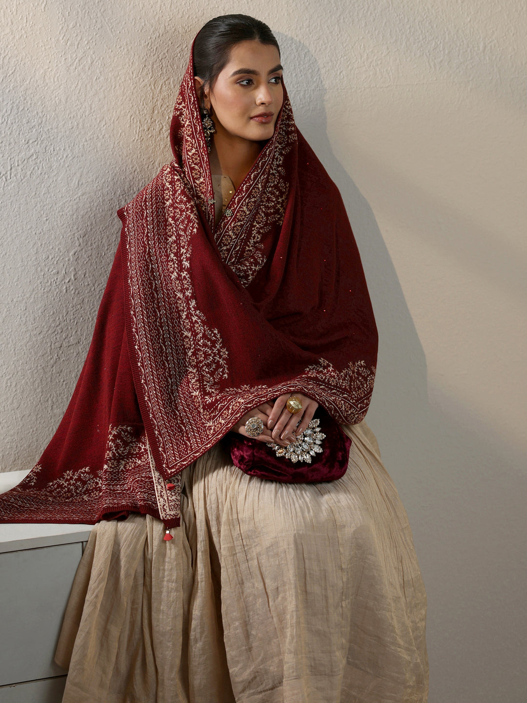  Libas Maroon Floral Embroidered Acrylic Wrap Shawl 