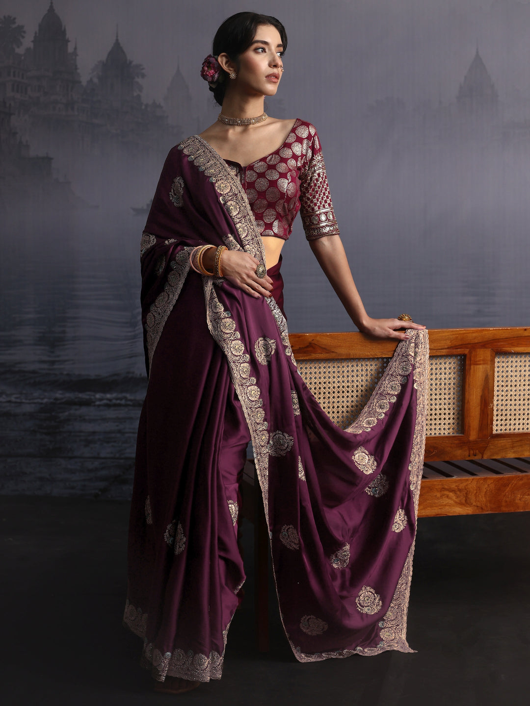  Libas Maroon Floral Embroidered Satin Saree 