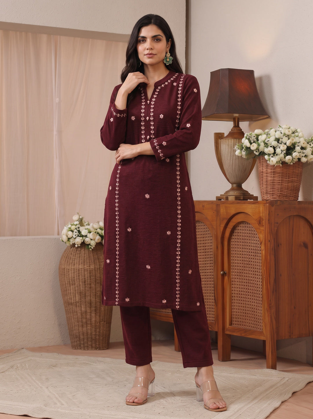 Libas Maroon Floral Embroidered Wool Straight Kurta