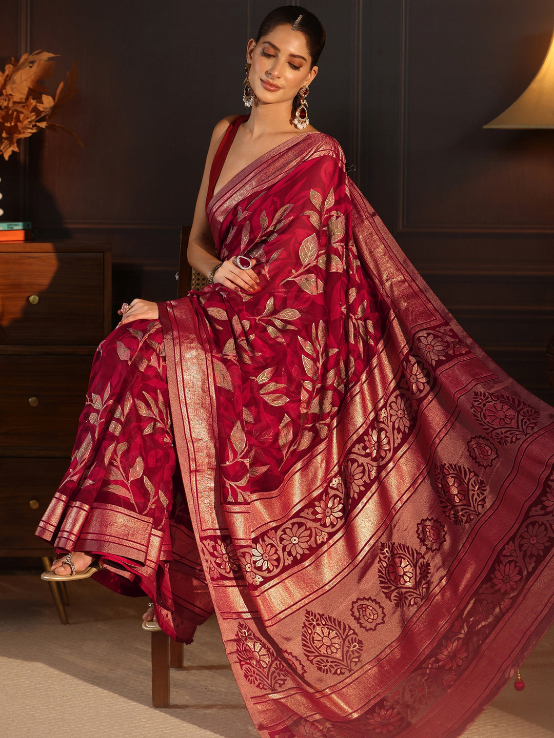 Libas Maroon Floral Foil Printed Silk Blend Saree