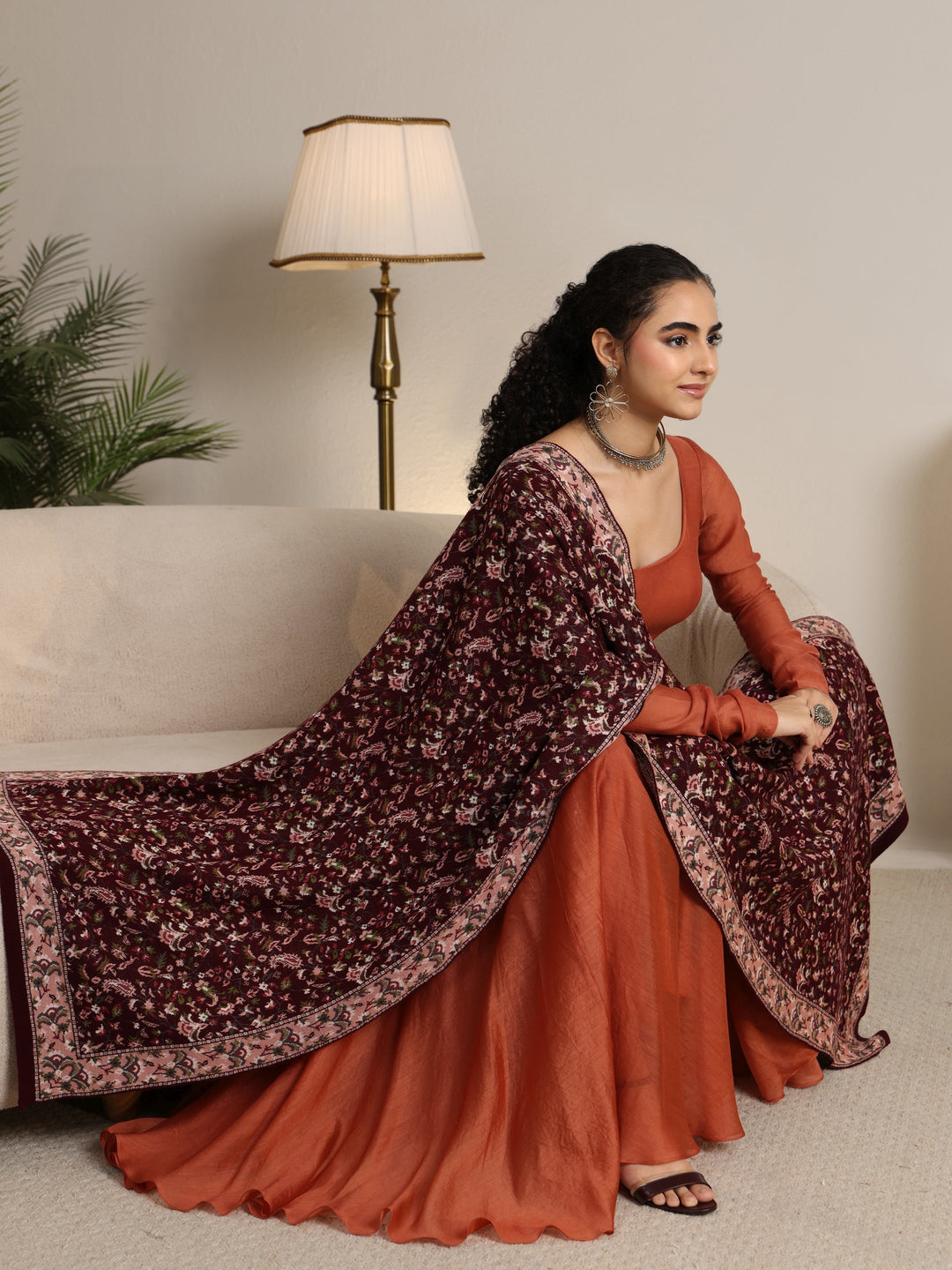  Libas Maroon Floral Knitted Acrylic Shawl 