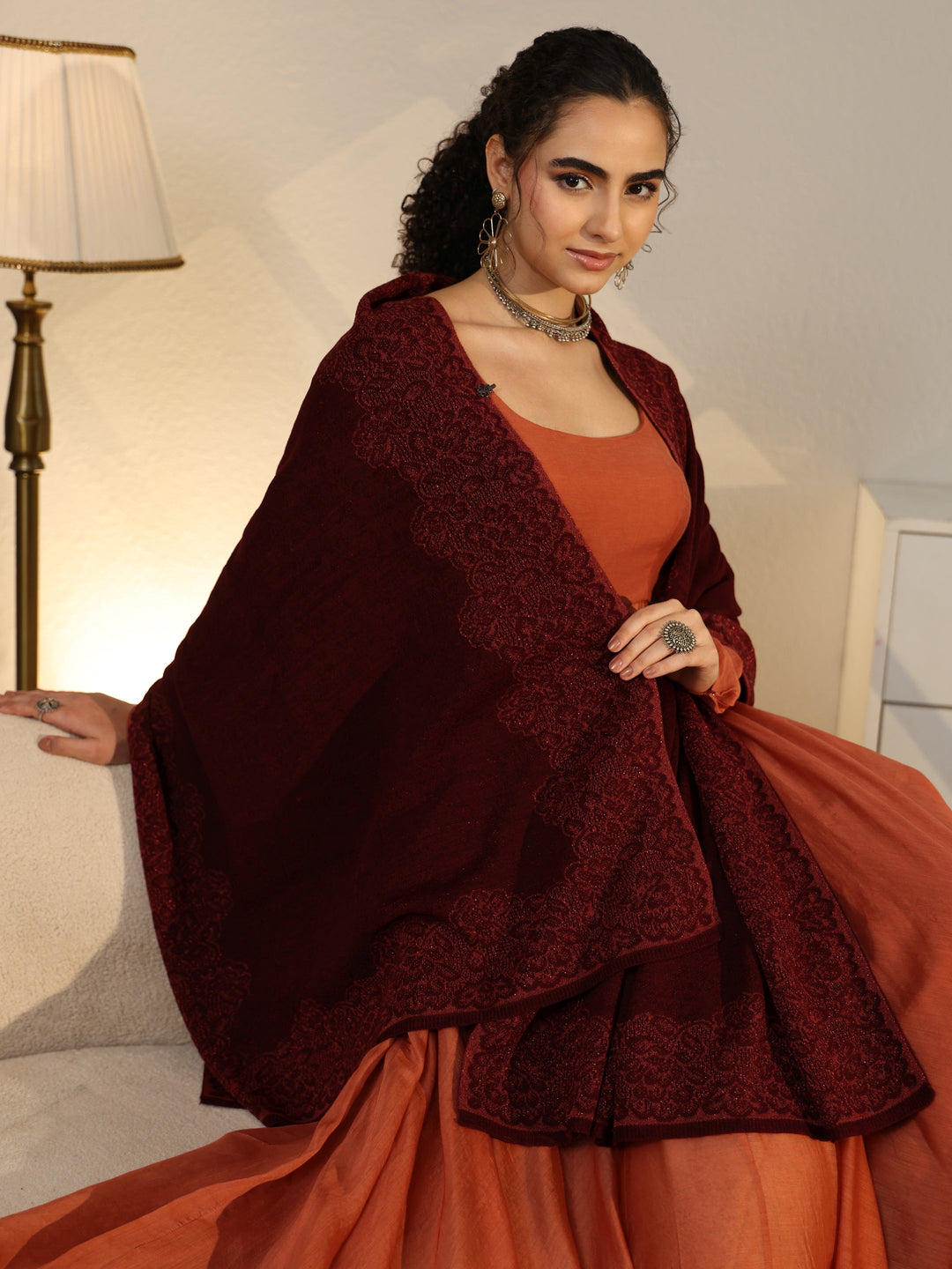  Libas Maroon Floral Knitted Acrylic Wrap Shawl 
