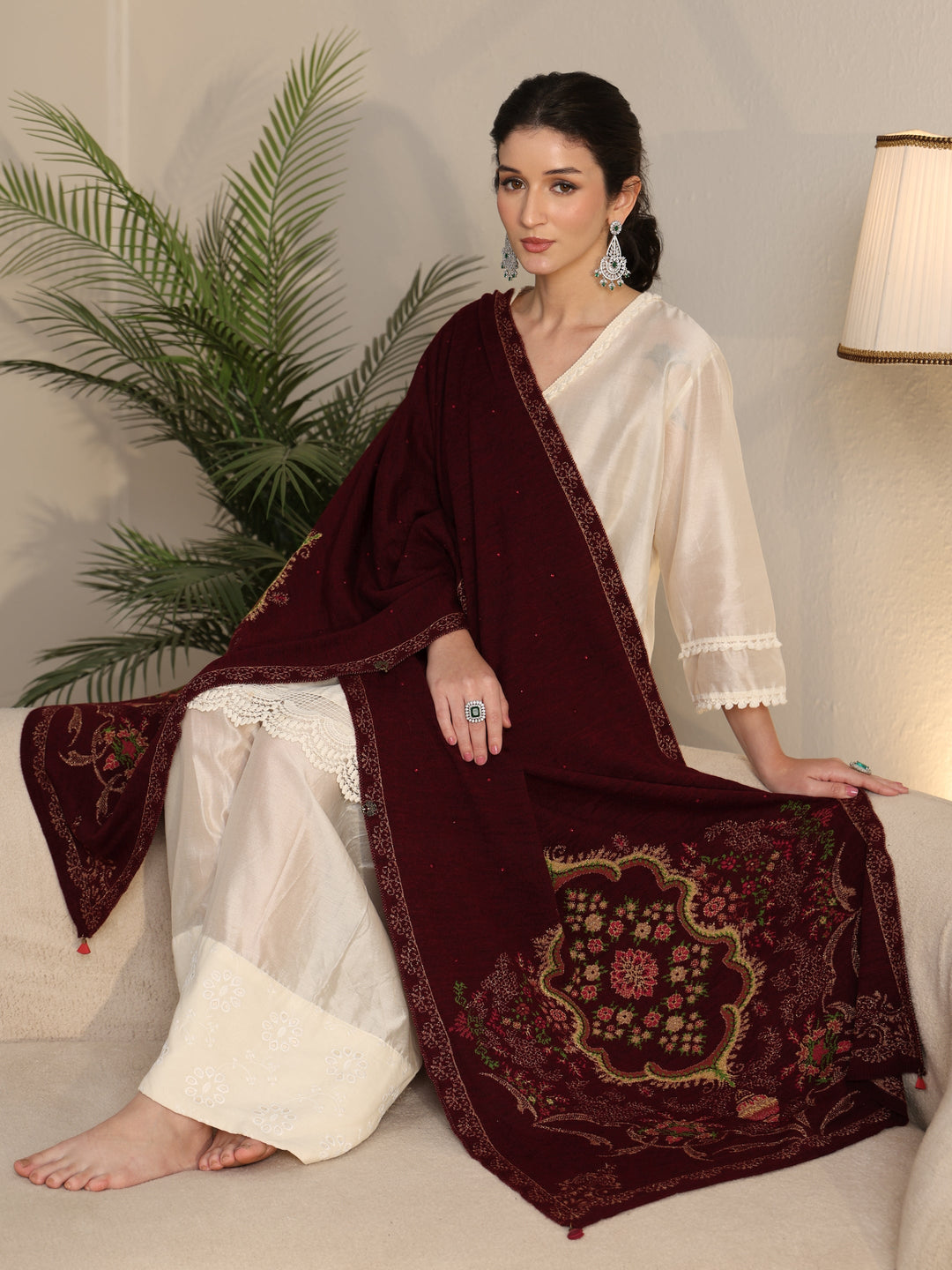  Libas Maroon Floral Knitted Acrylic Wrap Shawl 