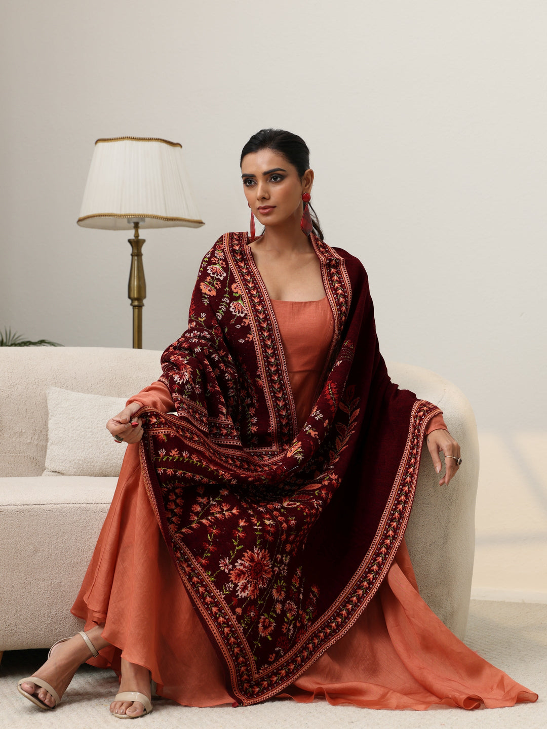  Libas Maroon Floral Knitted Acrylic Wrap Shawl 