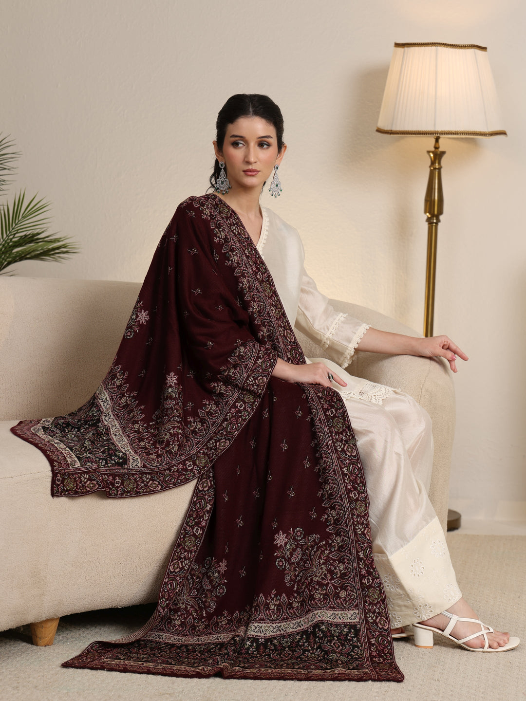  Libas Maroon Floral Knitted Acrylic Wrap Shawl 