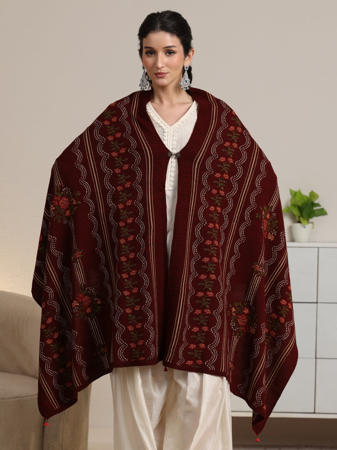  Libas Maroon Floral Knitted Acrylic Wrap Shawl 