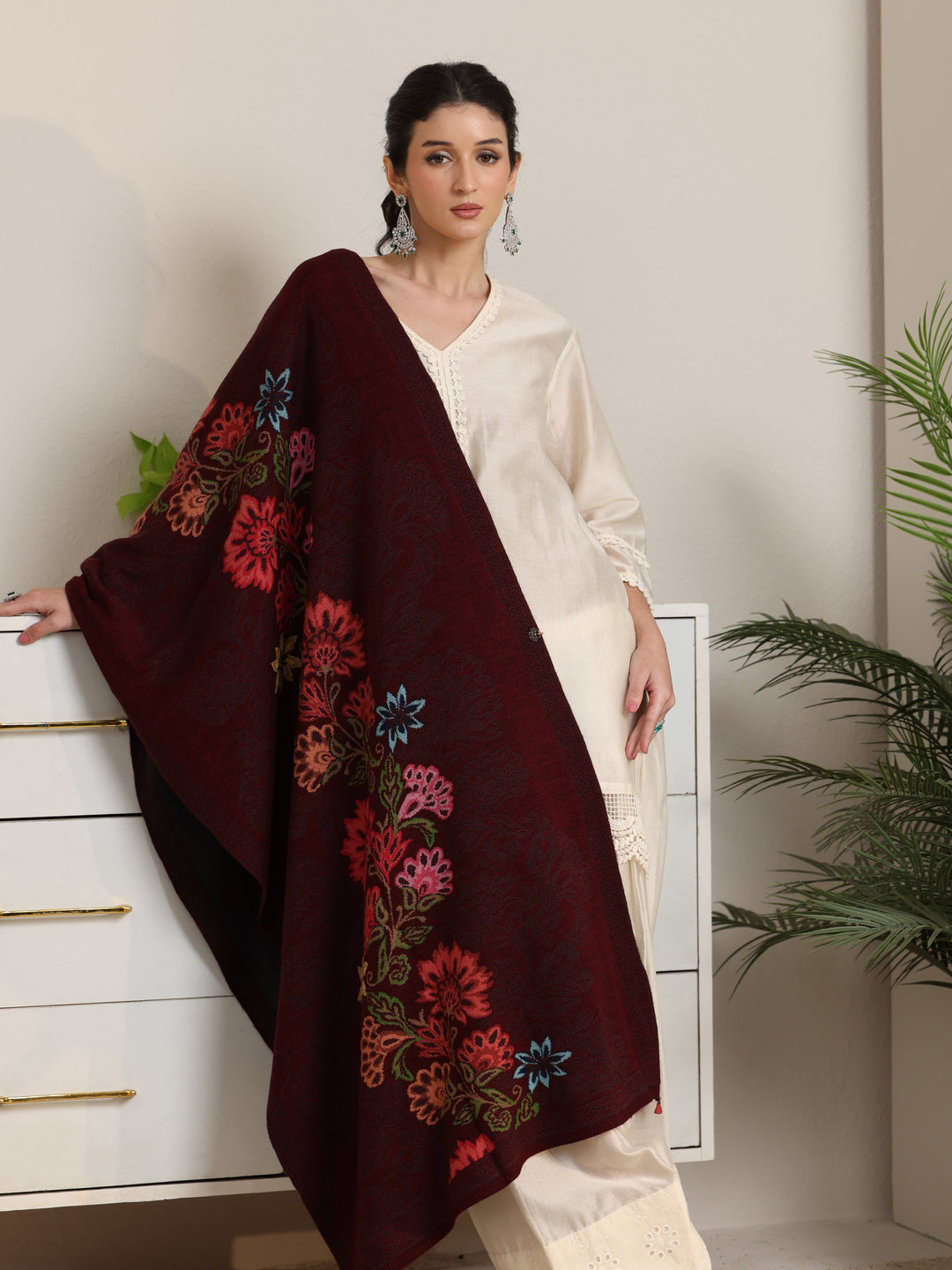  Libas Maroon Floral Knitted Acrylic Wrap Shawl 