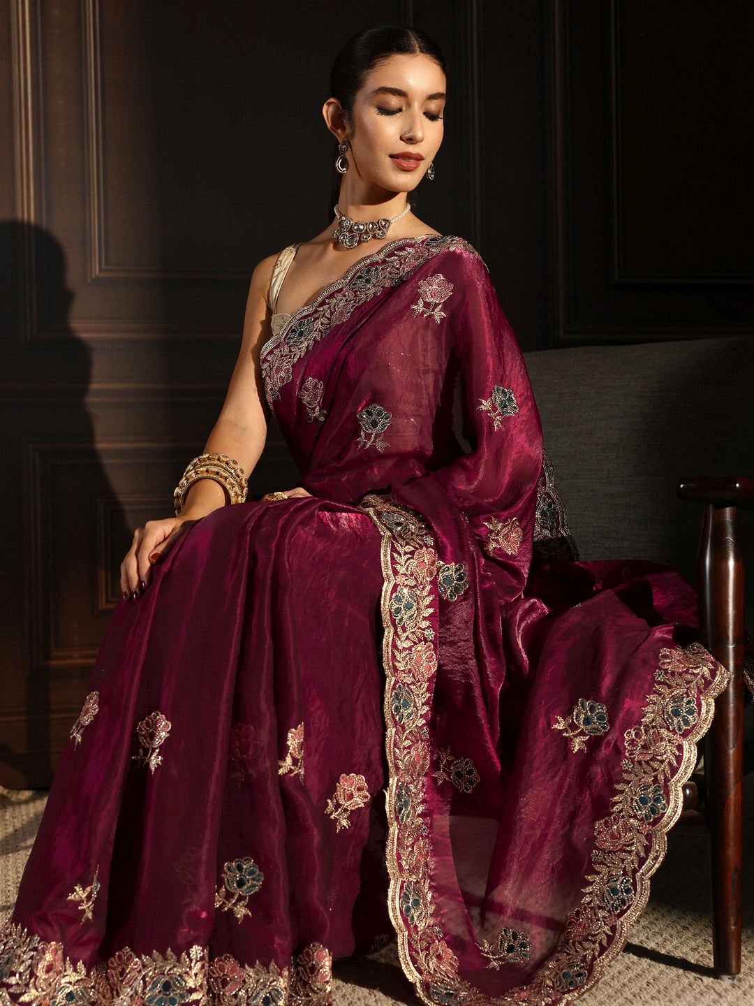  Libas Maroon Floral Stone Work Embellished Tissue Saree 