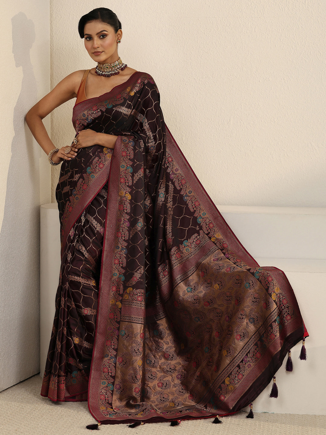 Libas Maroon Floral Woven Design Satin Tassel Saree