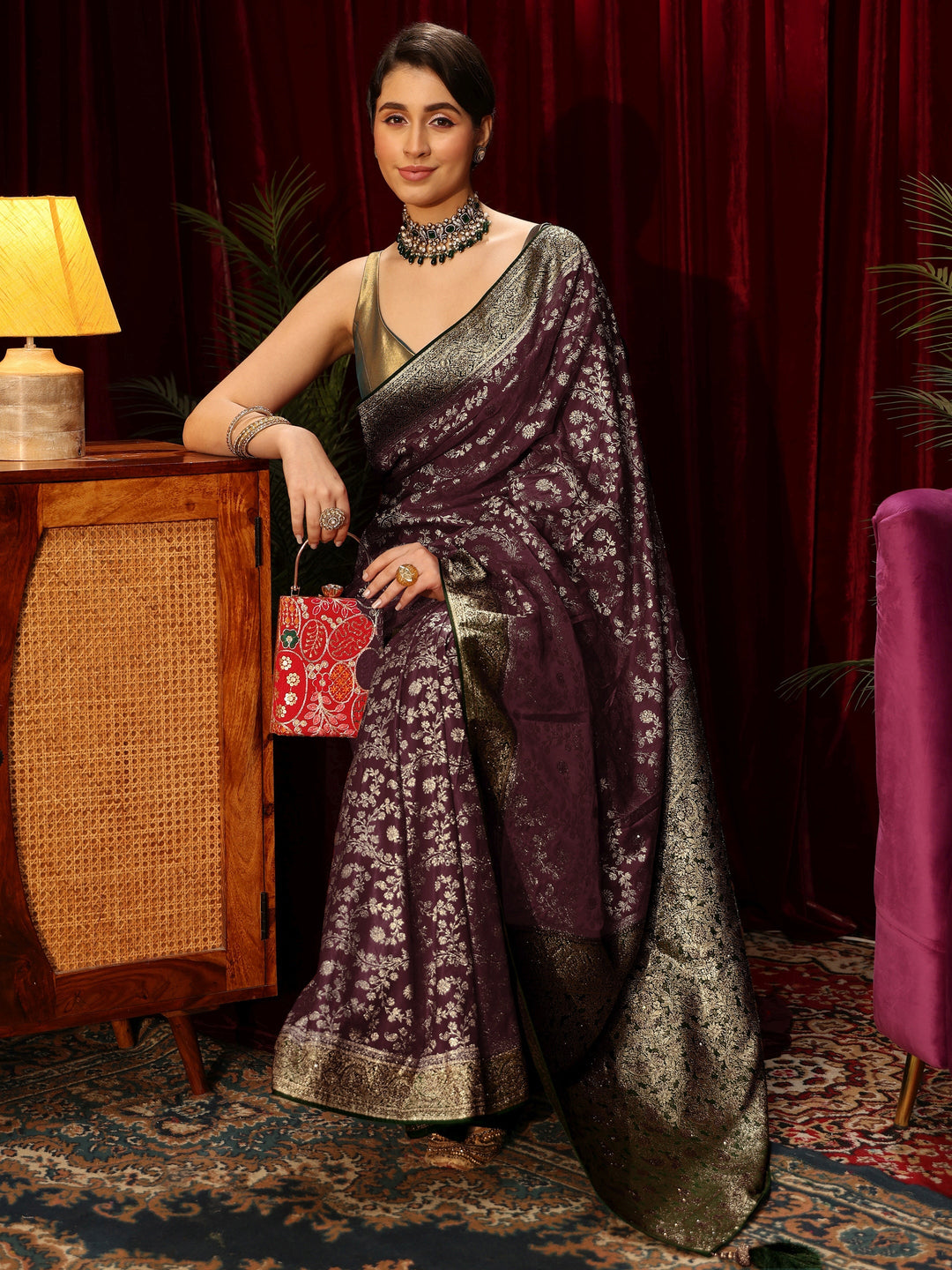 Libas Maroon Floral Woven Design Stone Embellished Satin Saree