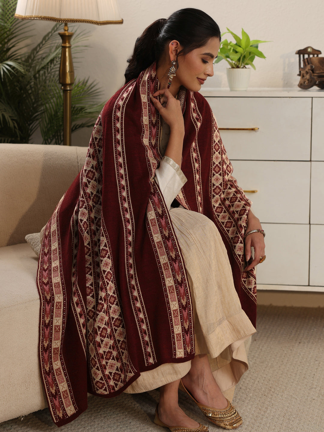  Libas Maroon Geometric Knitted Acrylic Wrap Shawl 