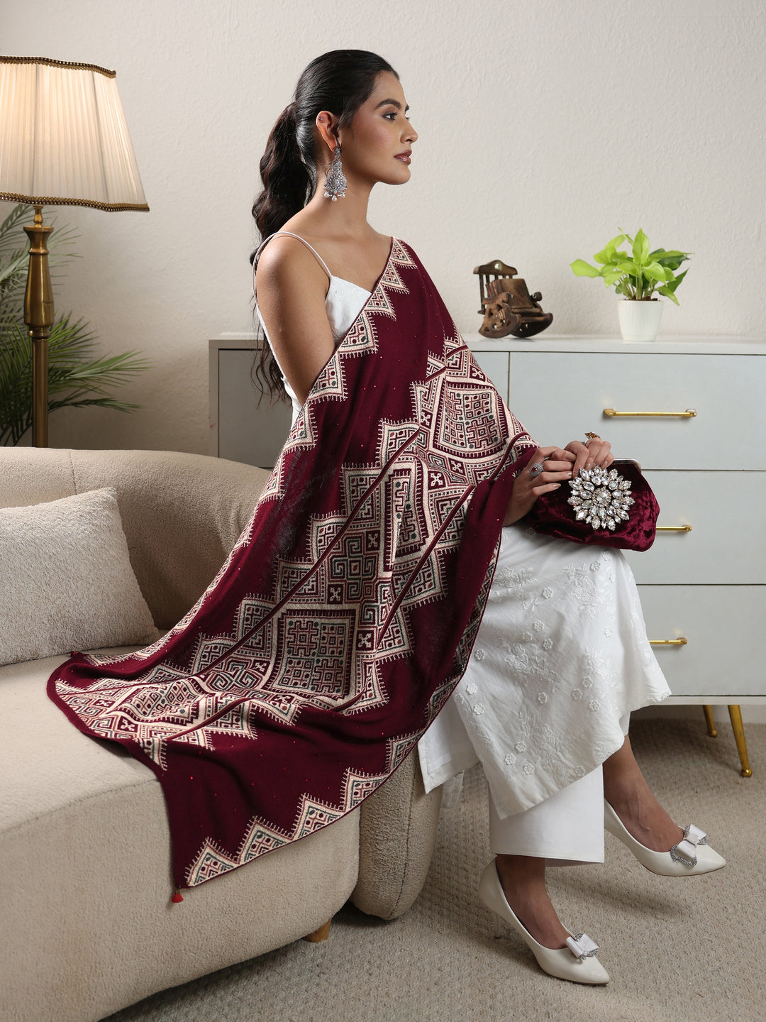  Libas Maroon Geometric Knitted Acrylic Wrap Shawl 