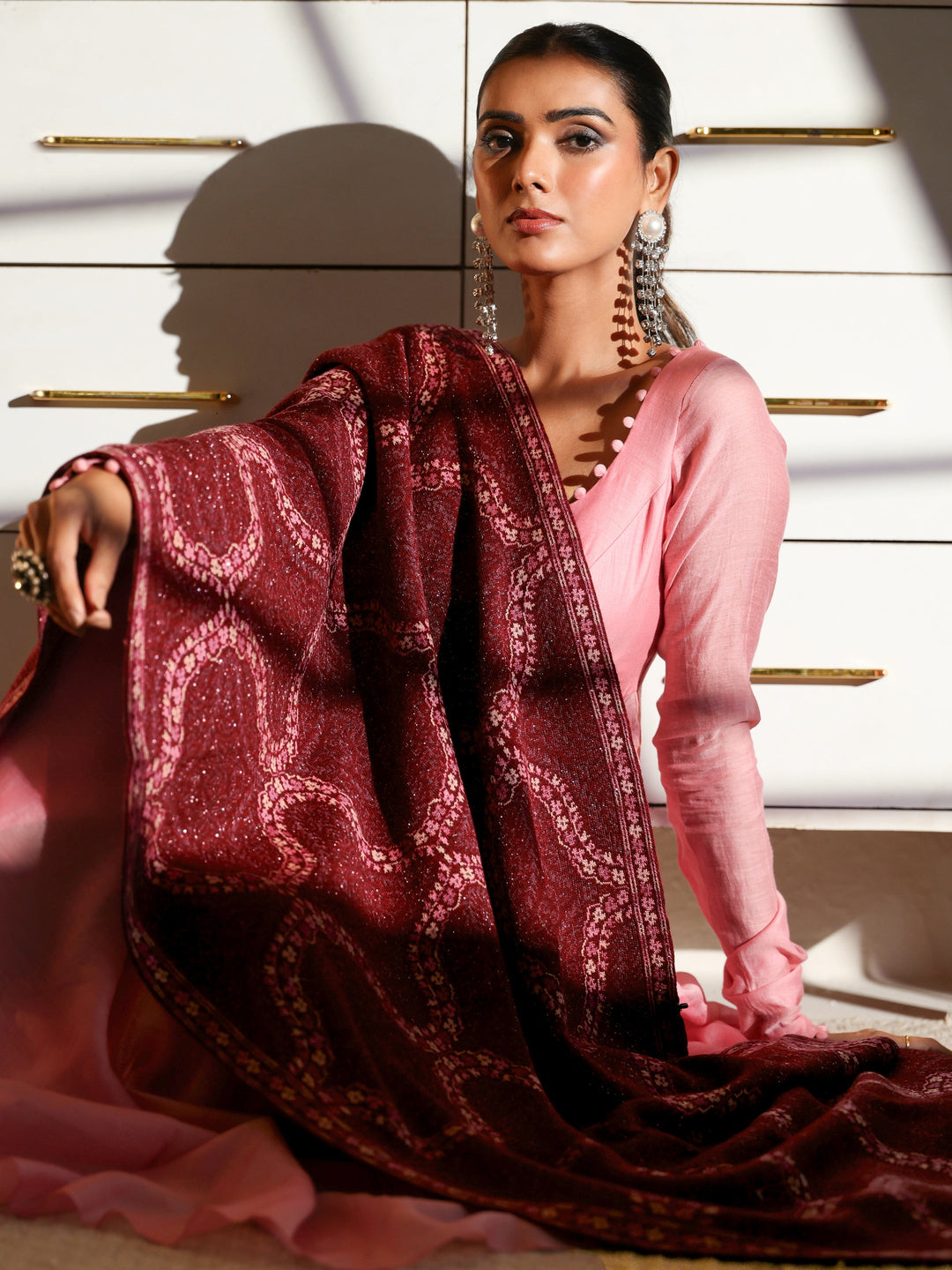 Libas Maroon Geometric Knitted Acrylic Wrap Shawl