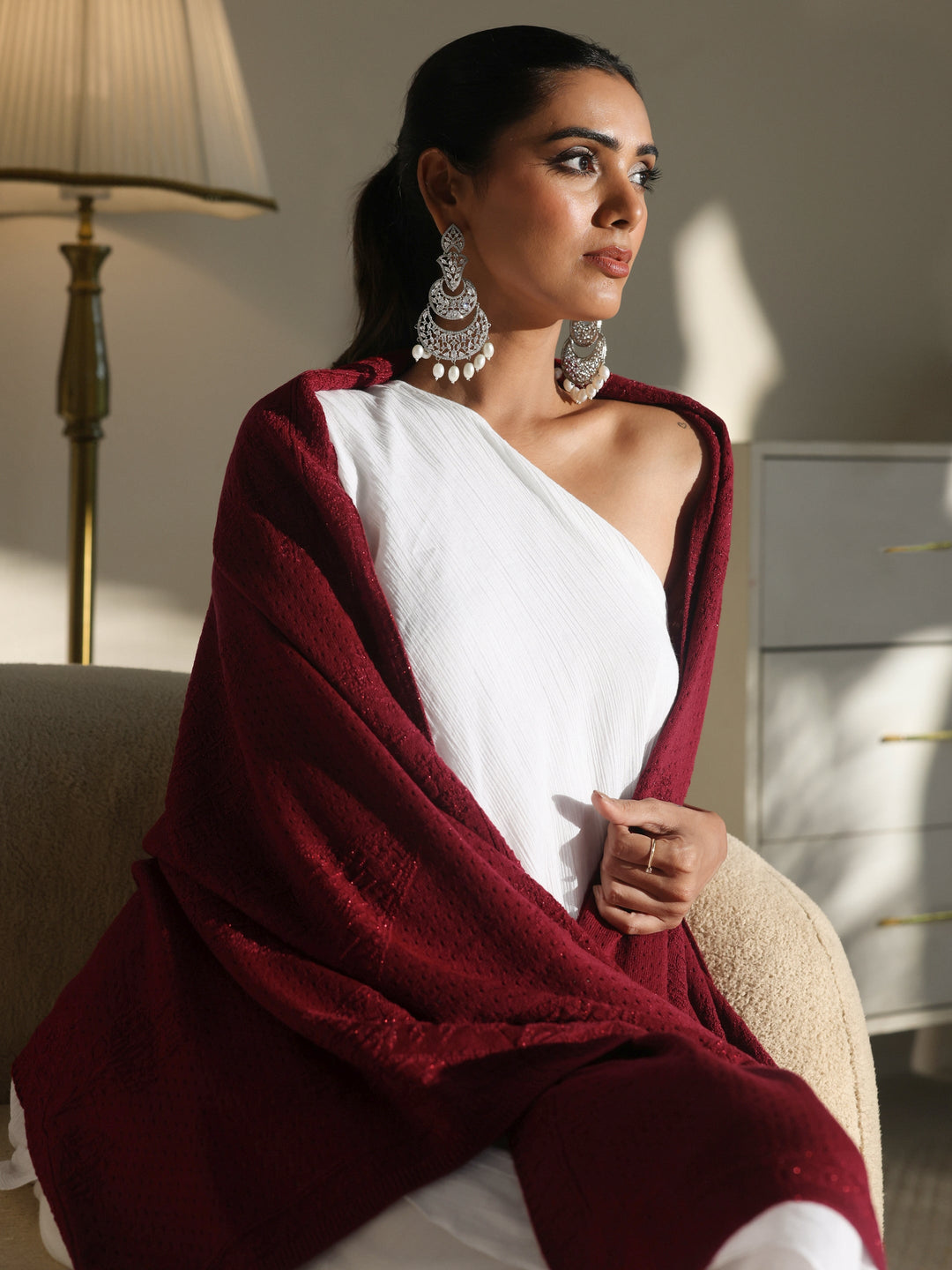  Libas Maroon Knitted Acrylic Wrap Shawl 