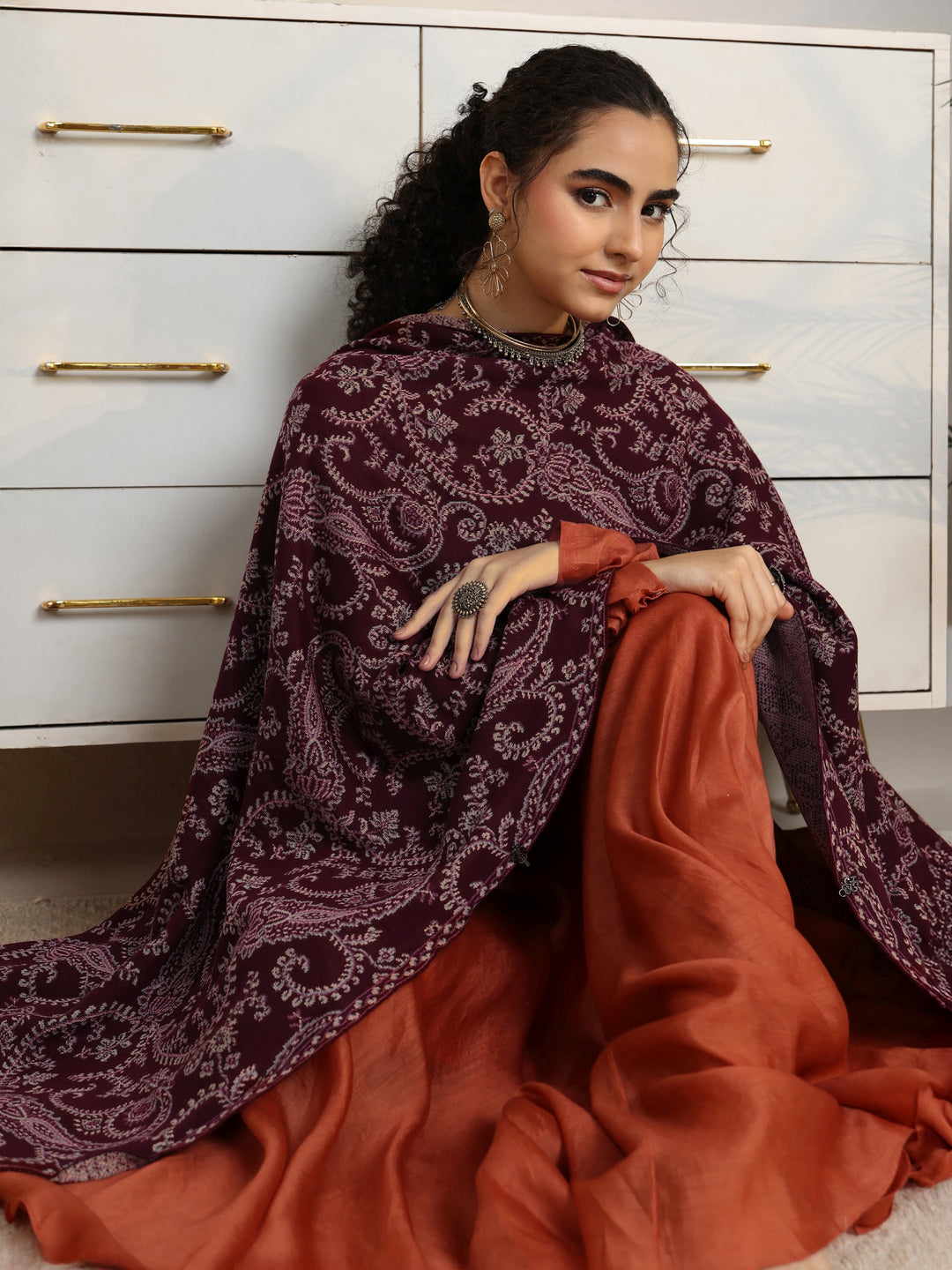  Libas Maroon Paisley Knitted Acrylic Wrap Shawl 