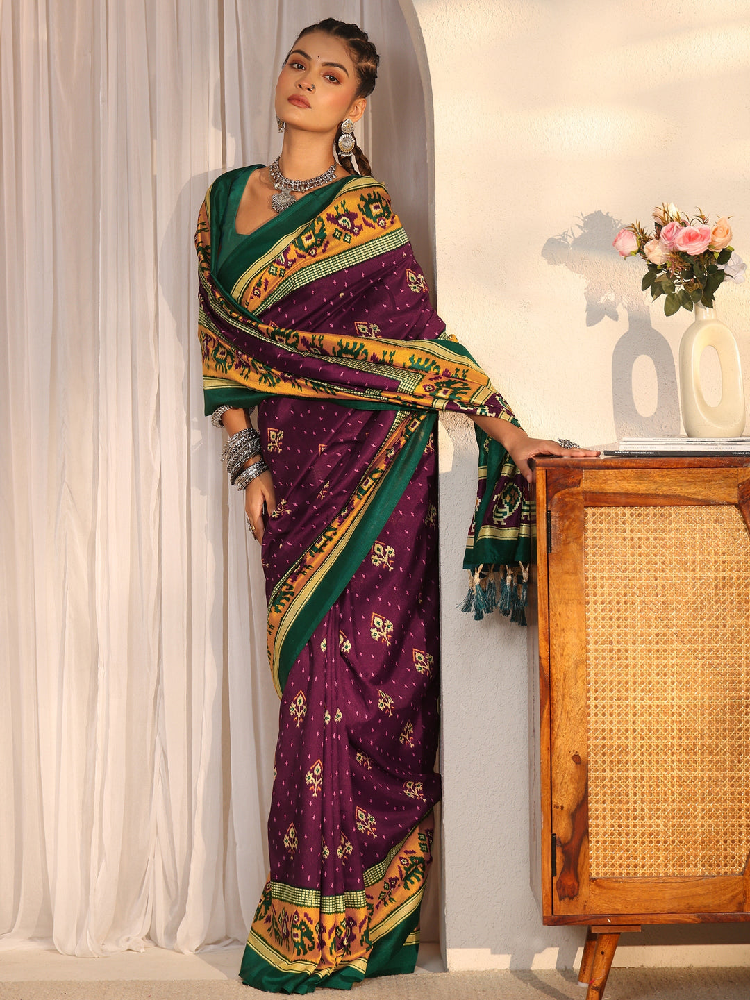  Libas Maroon Patola Printed Silk Blend Saree 