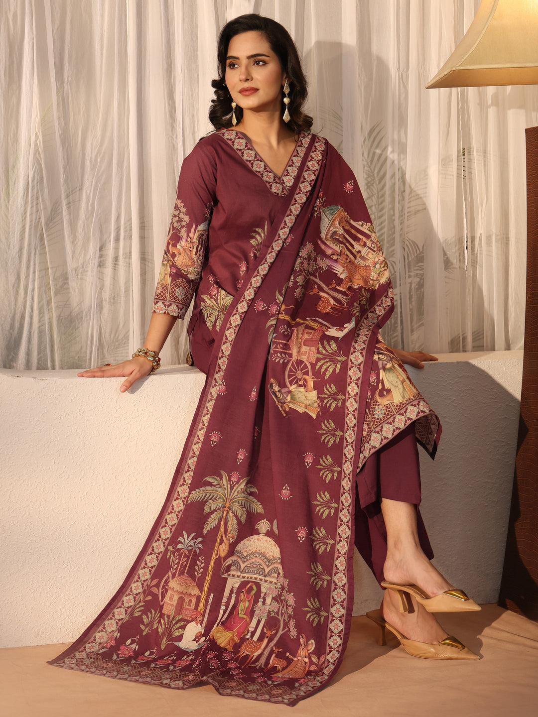 Libas Maroon Pichwai Print Cotton Straight Suit Set