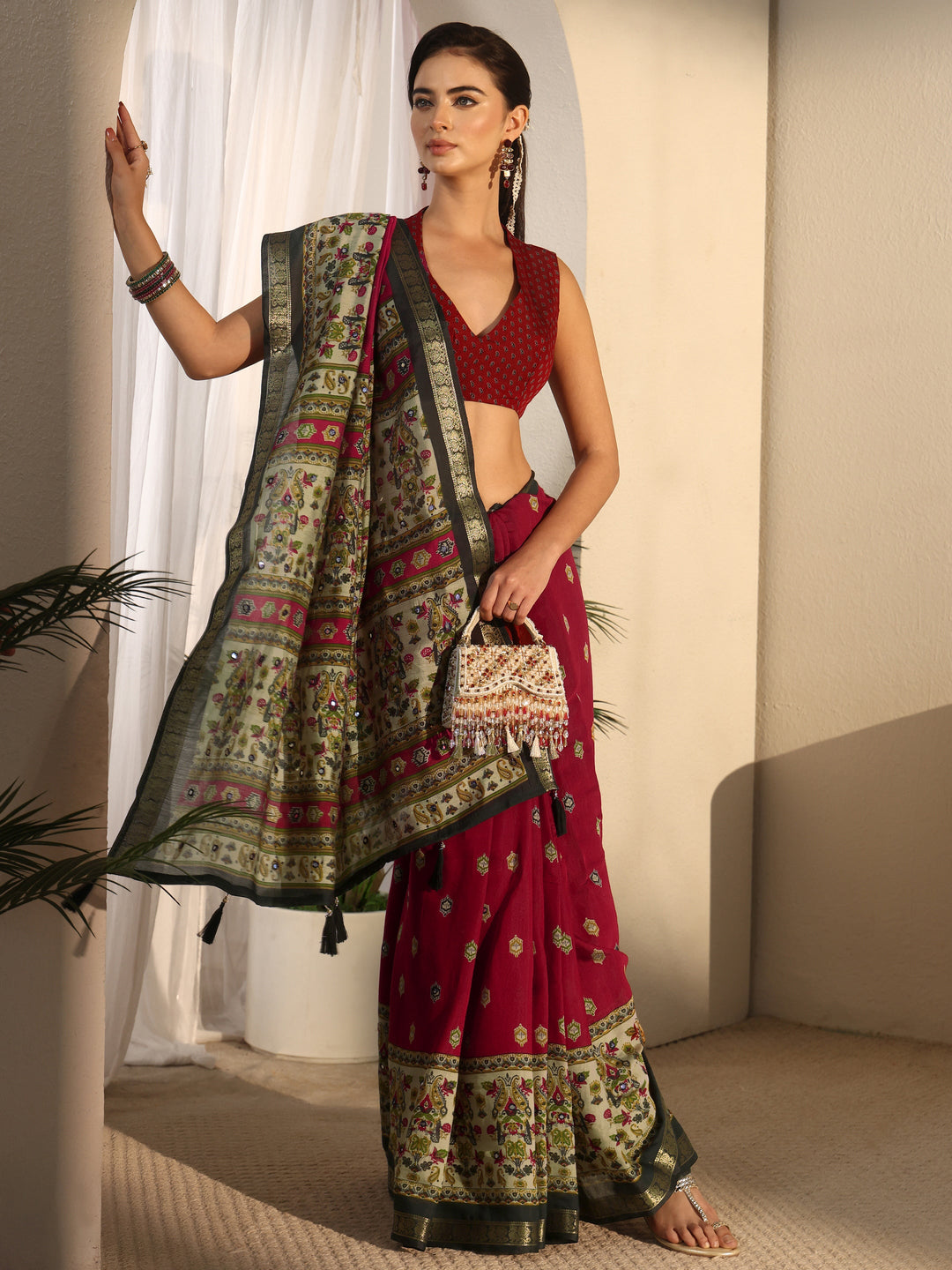 Libas Maroon Printed Mirror Work Silk Blend Tassel Saree