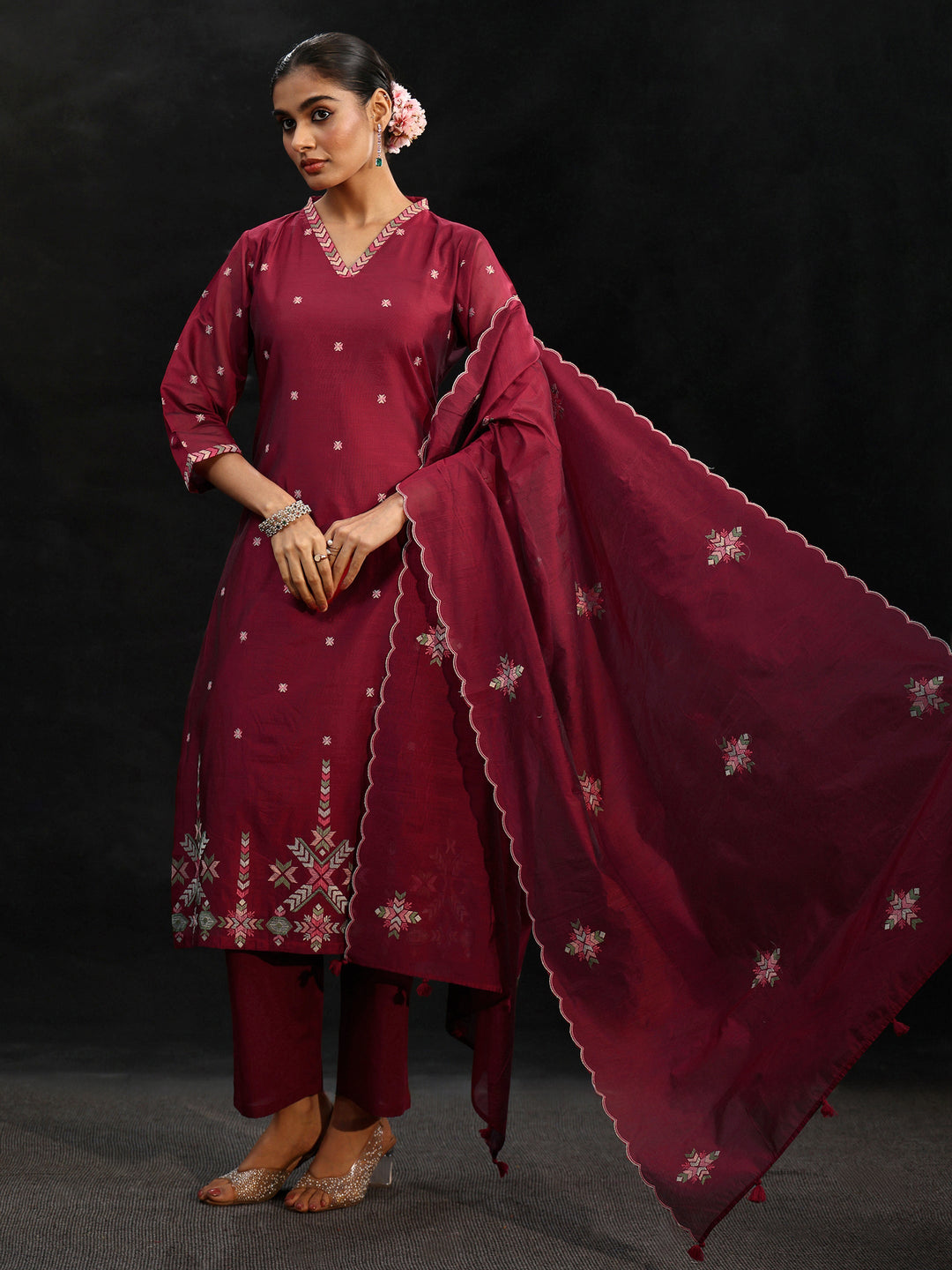  Libas Maroon Red Embroidered Chanderi Silk Straight Suit Set 