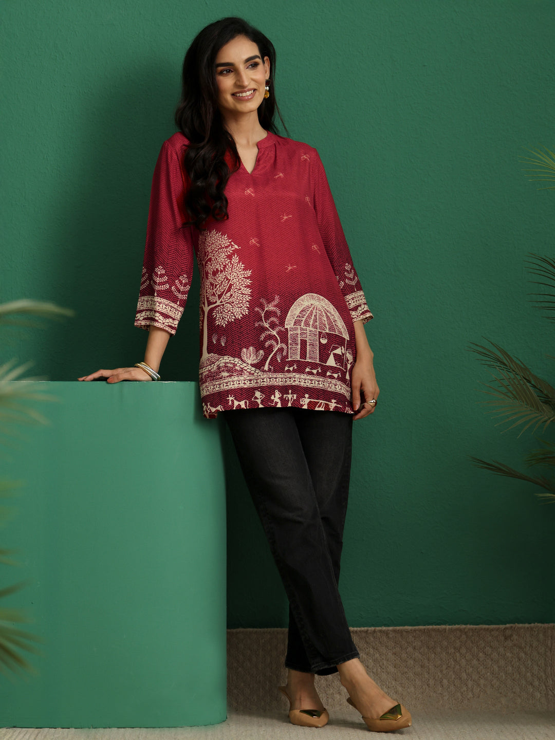  Libas Maroon Red Warli Print Muslin Straight Short Kurti 