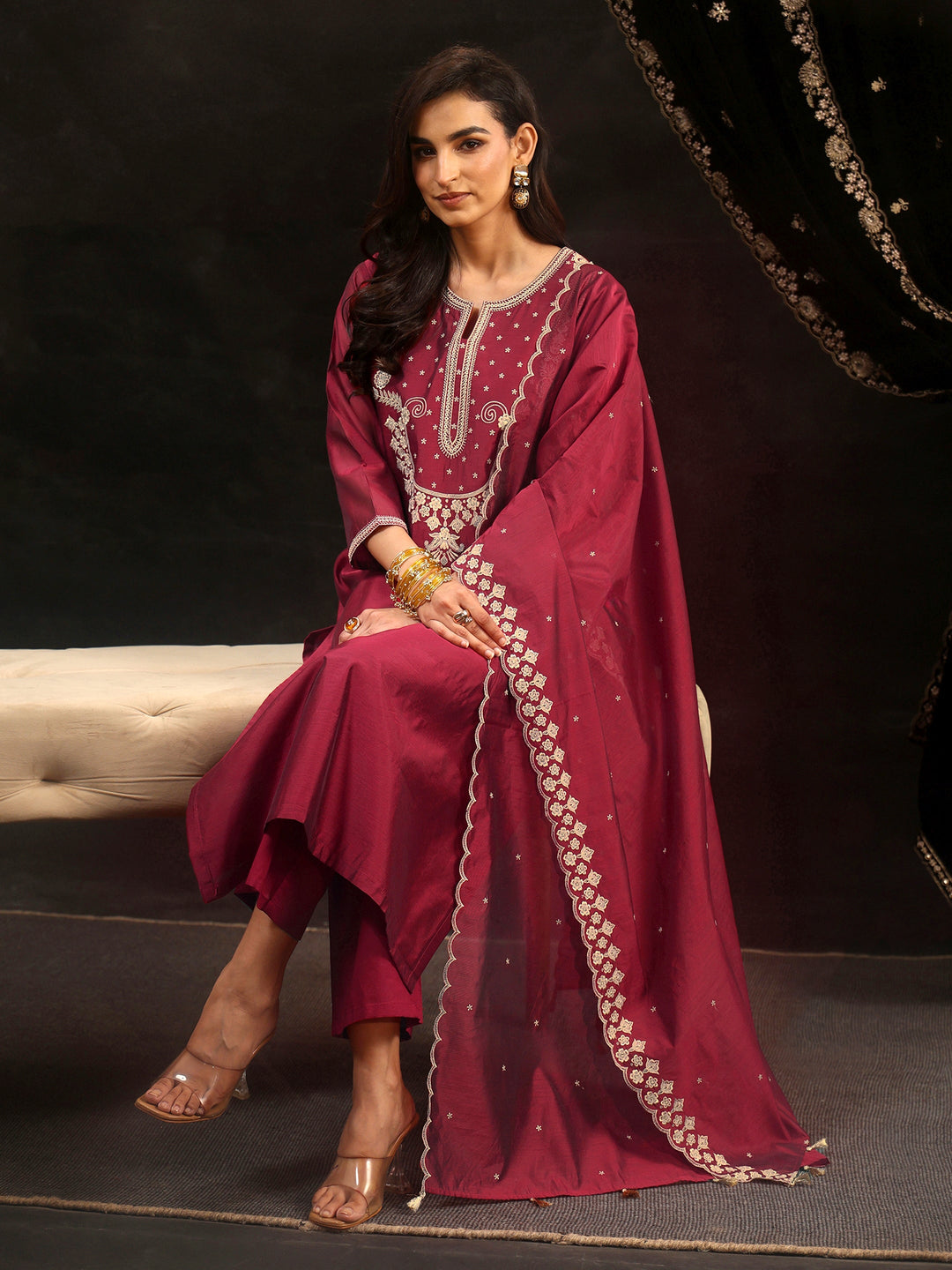  Libas Maroon Red Yoke Embroidered Chanderi Silk Straight Suit Set 