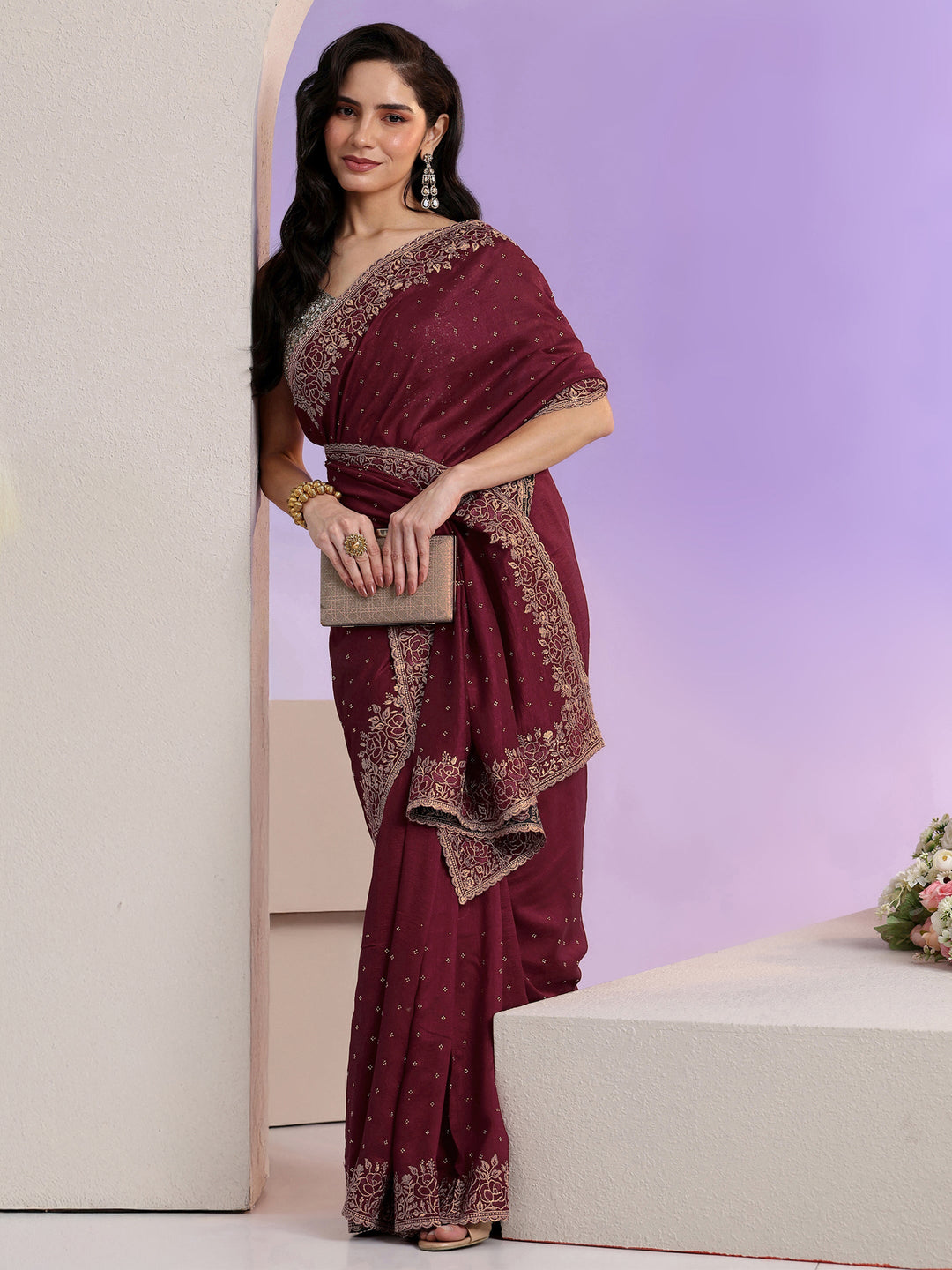  Libas Maroon Stone Work Embelllished Silk Blend Saree 