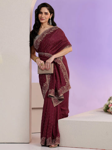 Libas Maroon Stone Work Embelllished Silk Blend Saree