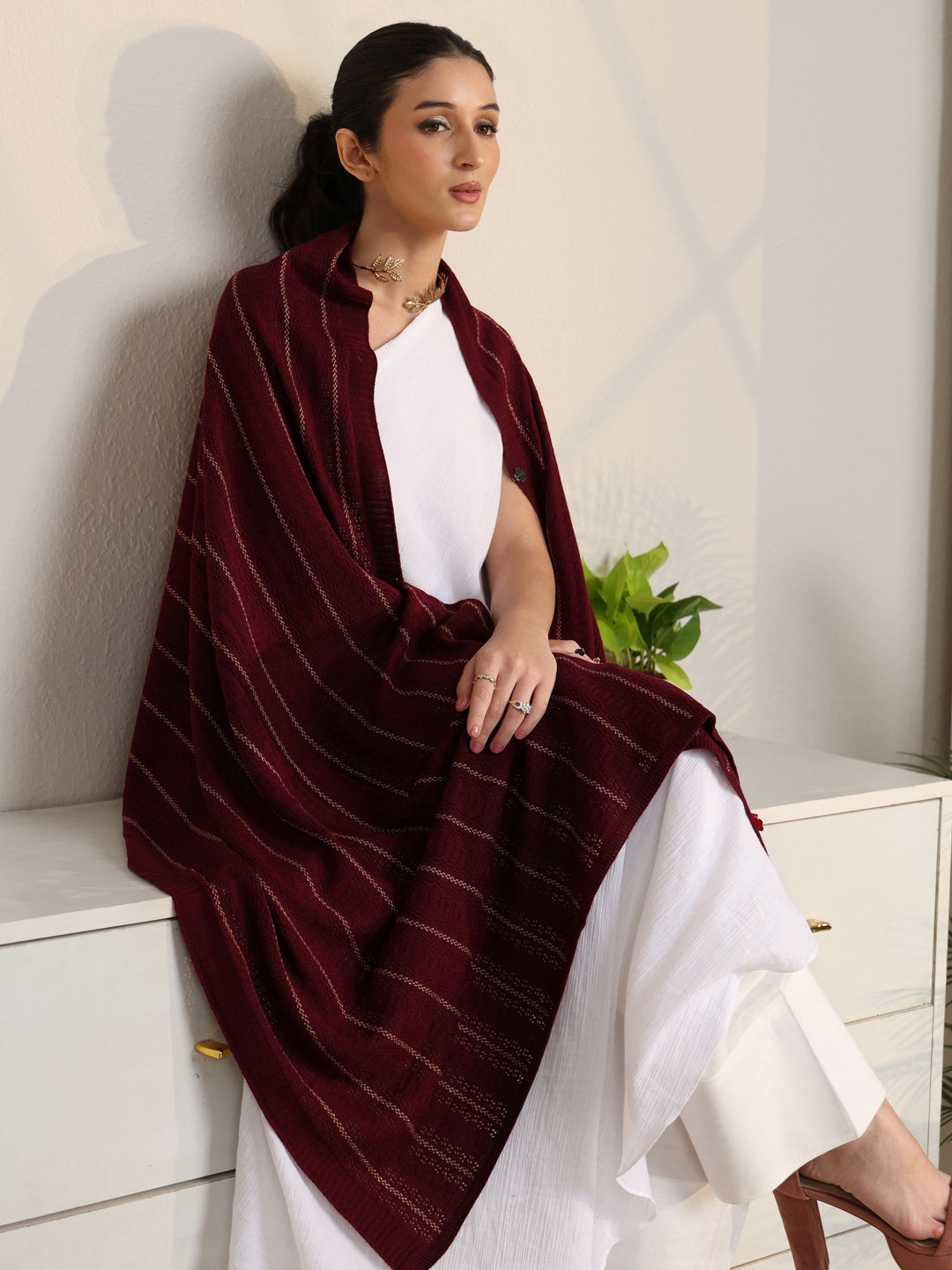  Libas Maroon Striped Knitted Acrylic Shawl 