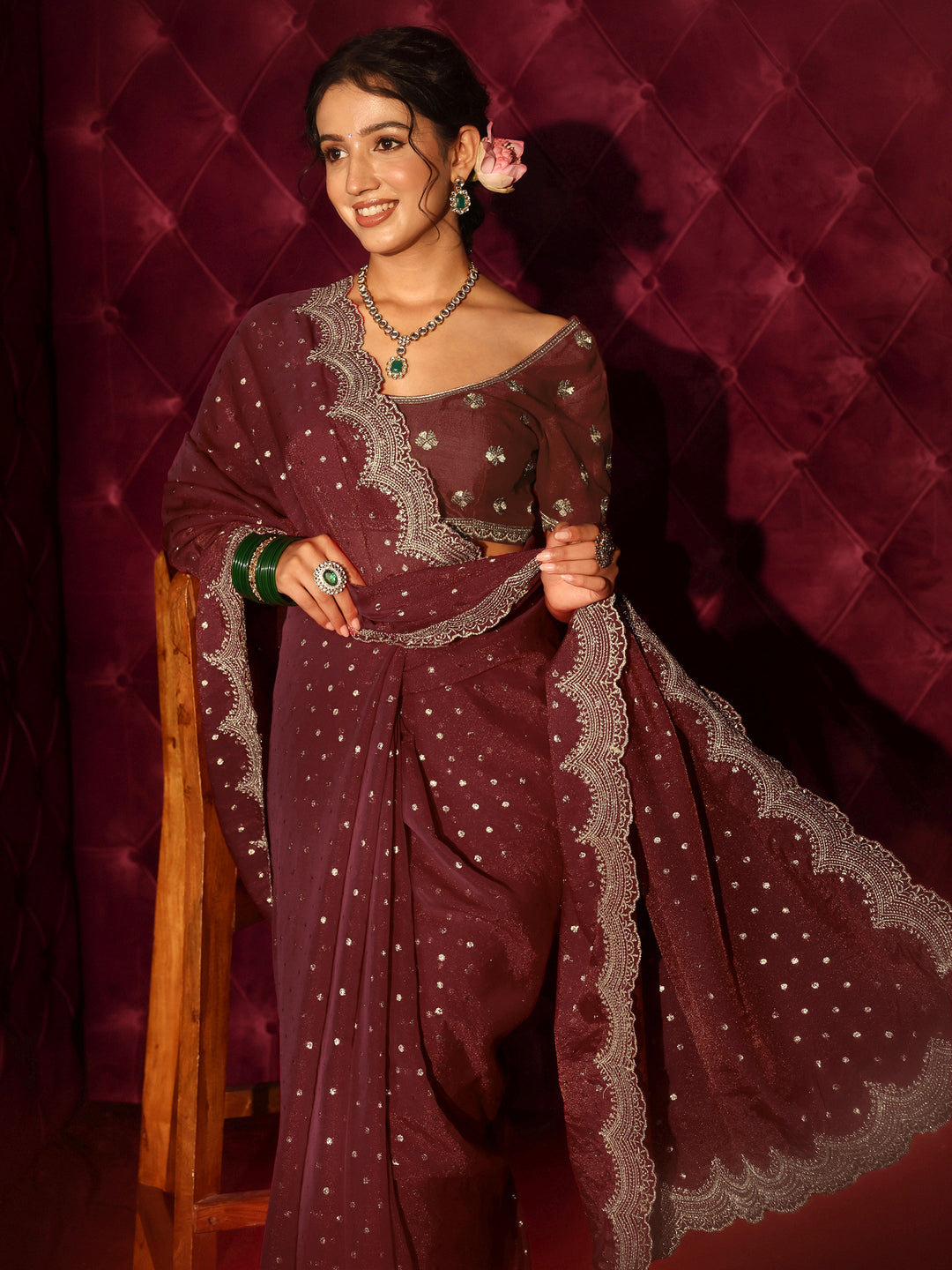 Libas Maroon Woven Design Tissue Saree with Scalloped Border 