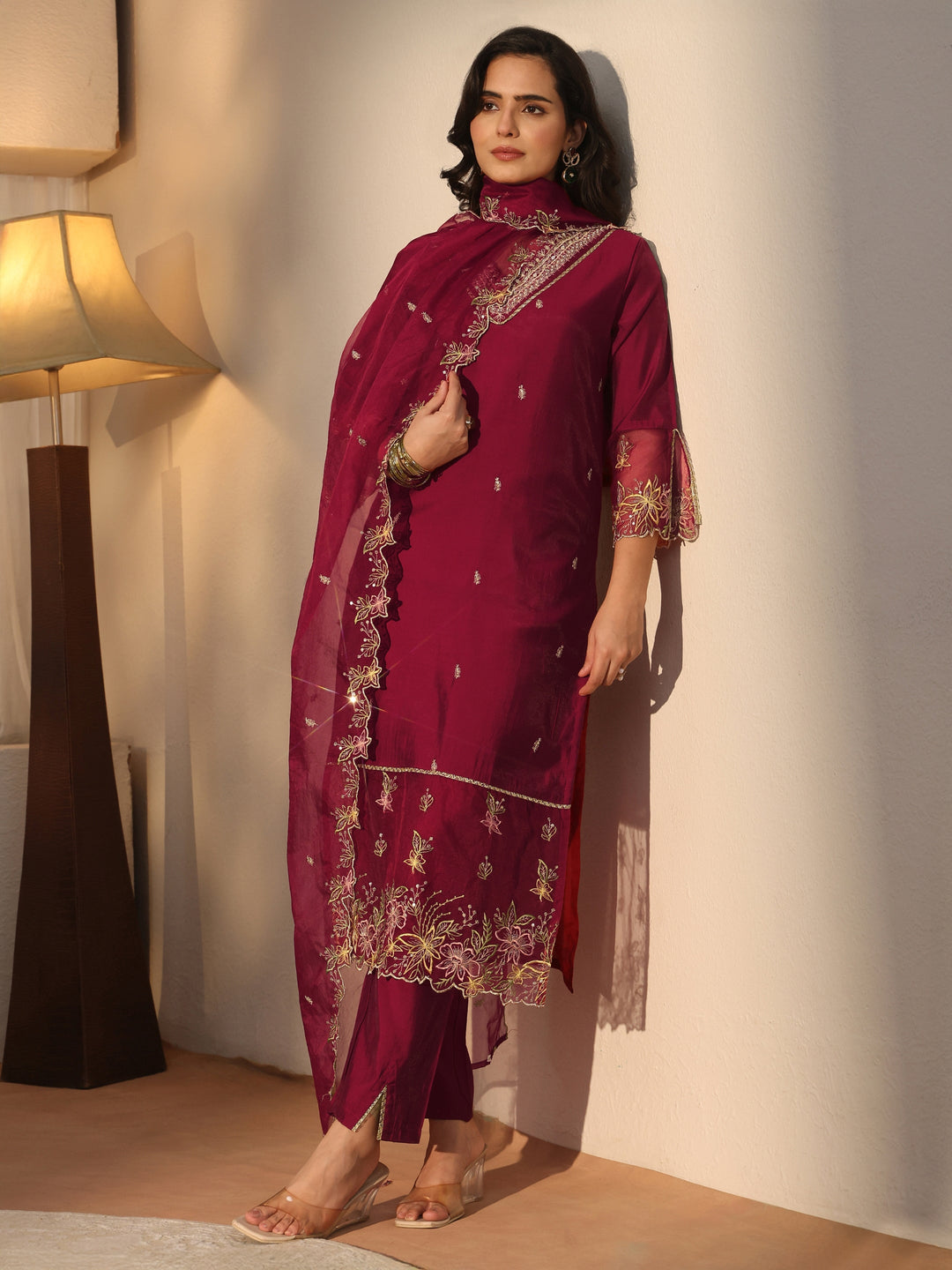  Libas Maroon Yoke Design Embroidered Silk Blend Straight Suit Set 