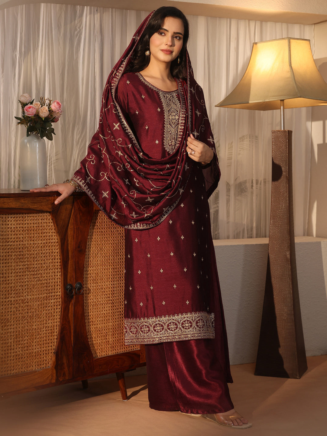 Libas Maroon Yoke Design Embroidered Silk Blend Straight Suit Set