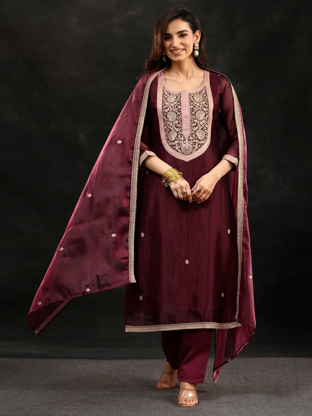  Libas Maroon Yoke Design Tissue Straight Suit Set 