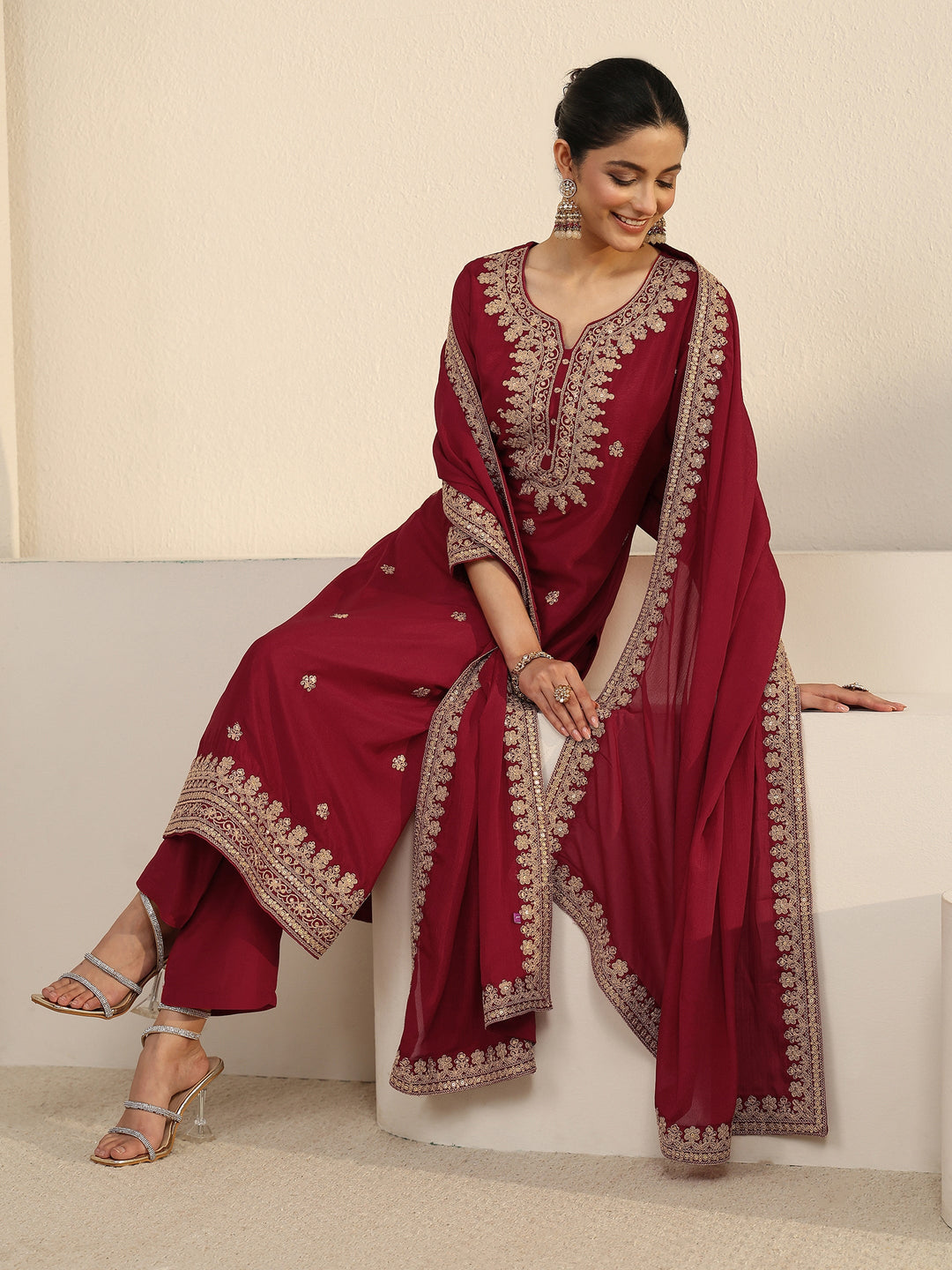 Libas Maroon Yoke Embroidered Chinon Straight Suit Set 