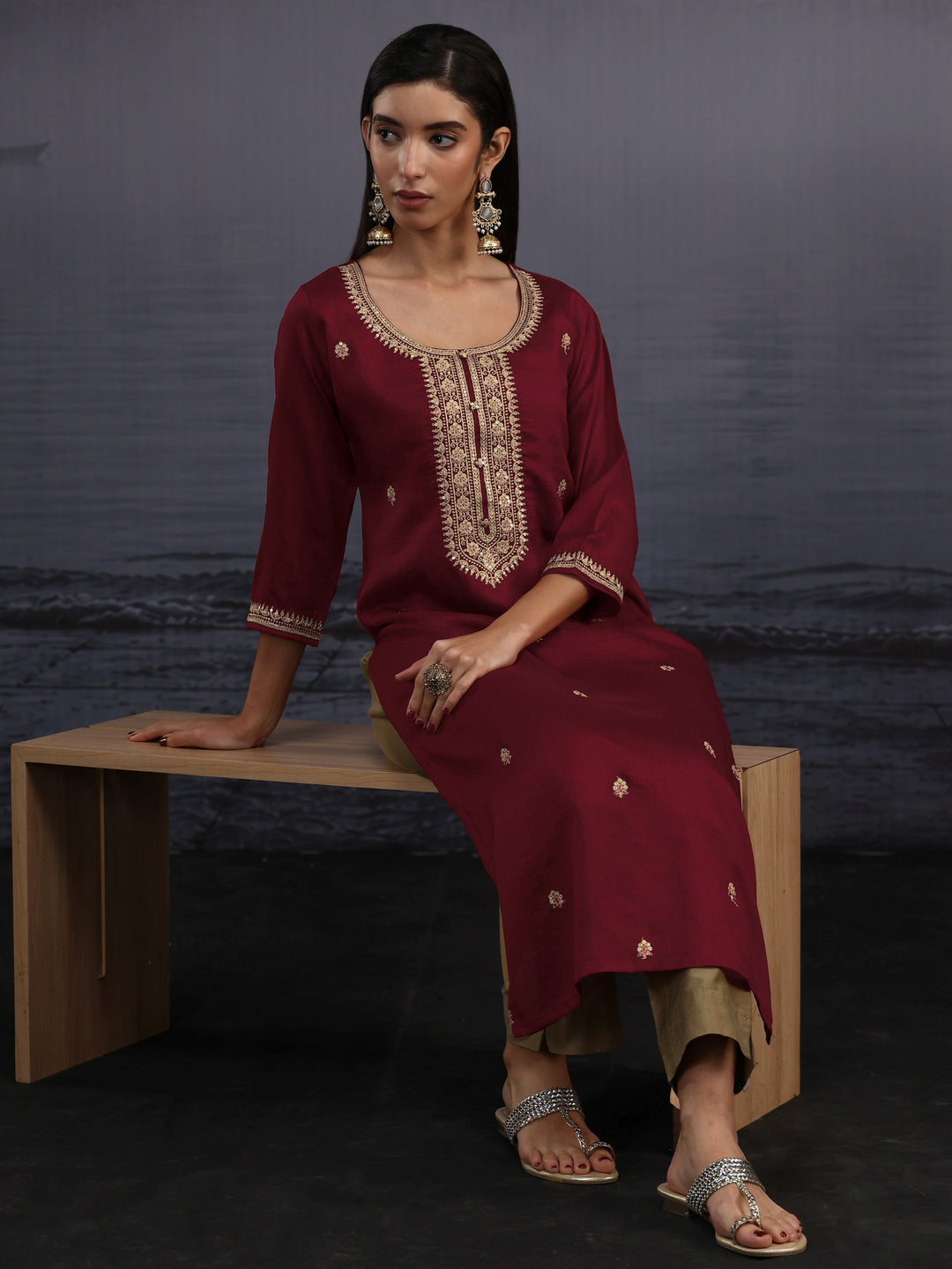Libas Maroon Yoke Embroidered Silk Blend Straight Kurta
