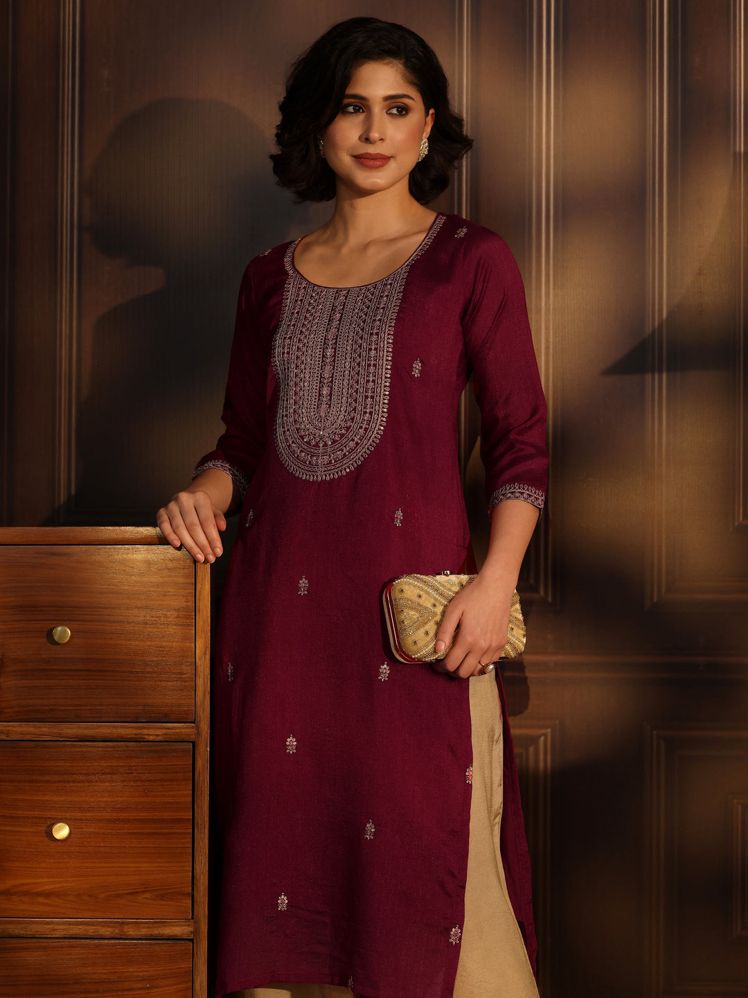 Libas Maroon Yoke Embroidered Silk Blend Straight Kurta