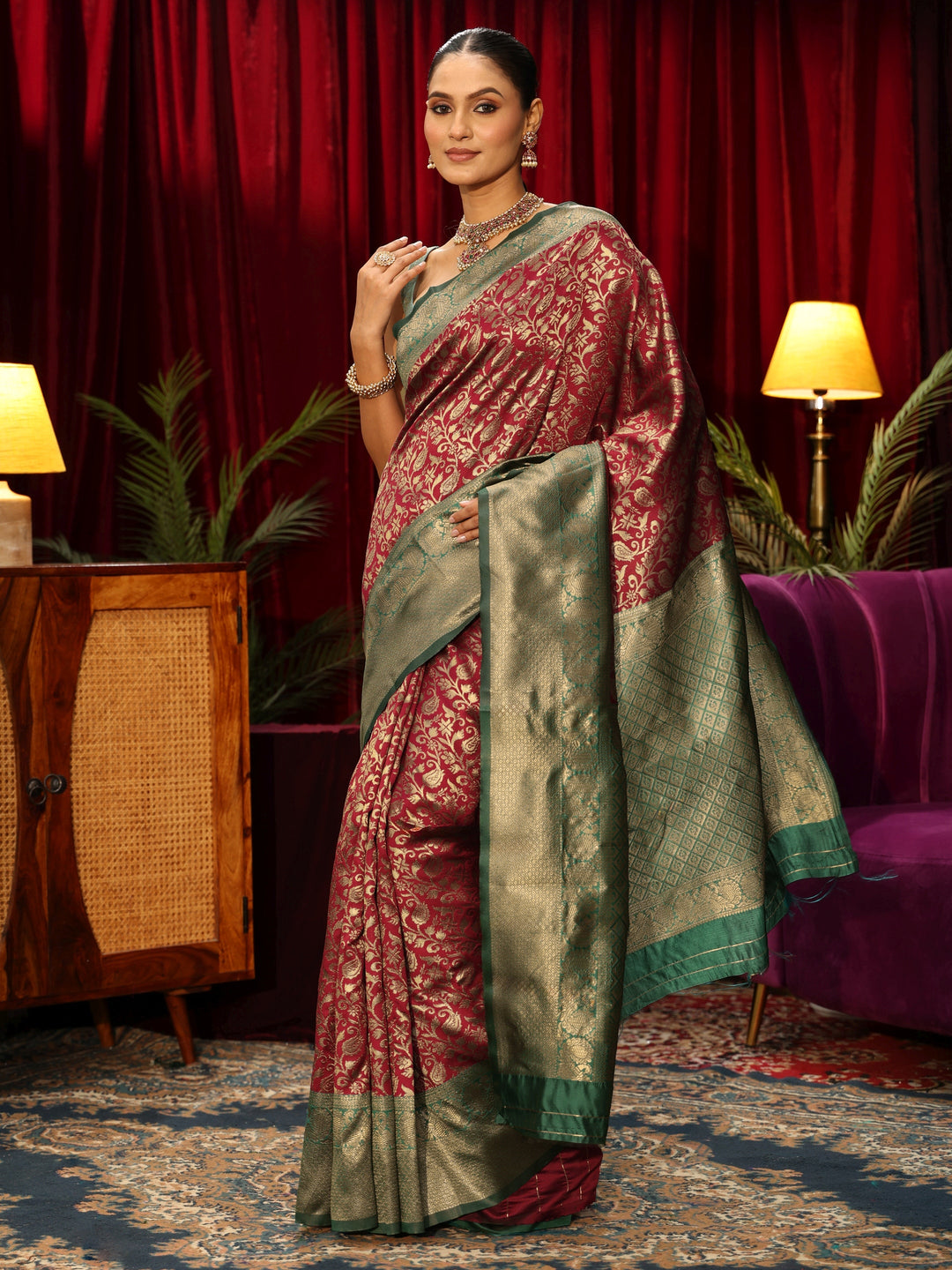Libas Maroon and Green Floral Woven Design Silk Blend Saree