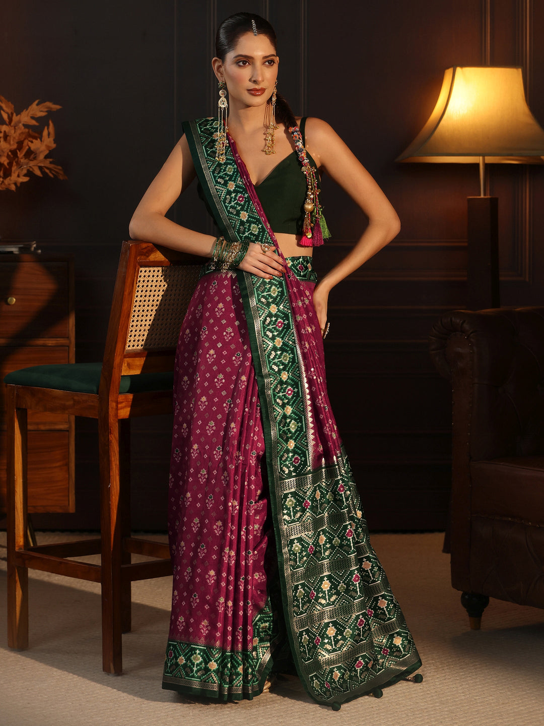 Libas Maroon and Green Pochampally Ikat Silk Blend Saree