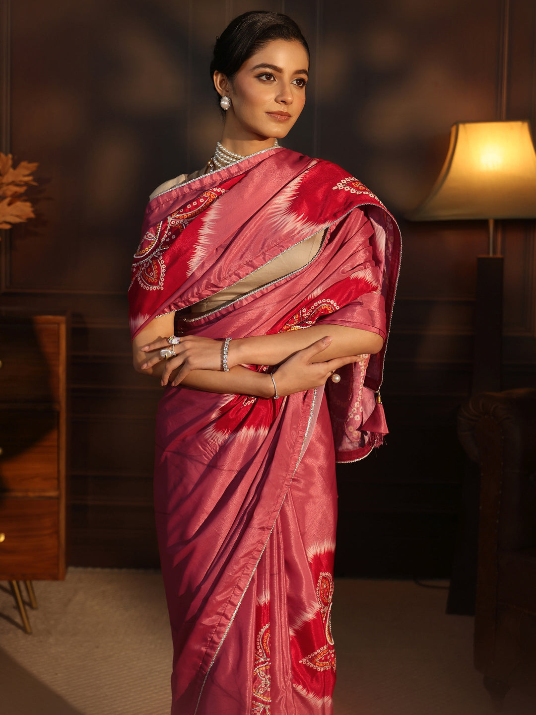 Libas Mauve Bandhani Printed Pallu Silk Blend Saree
