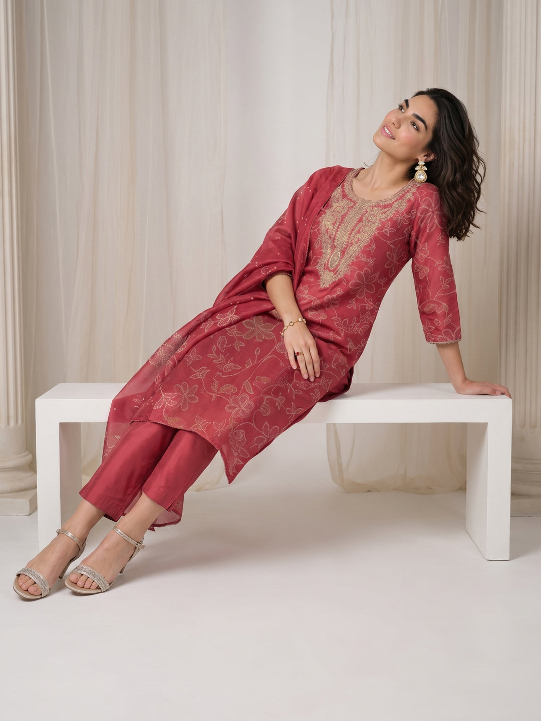 Libas Mauve Bandhani Printed Tissue Straight Suit Set