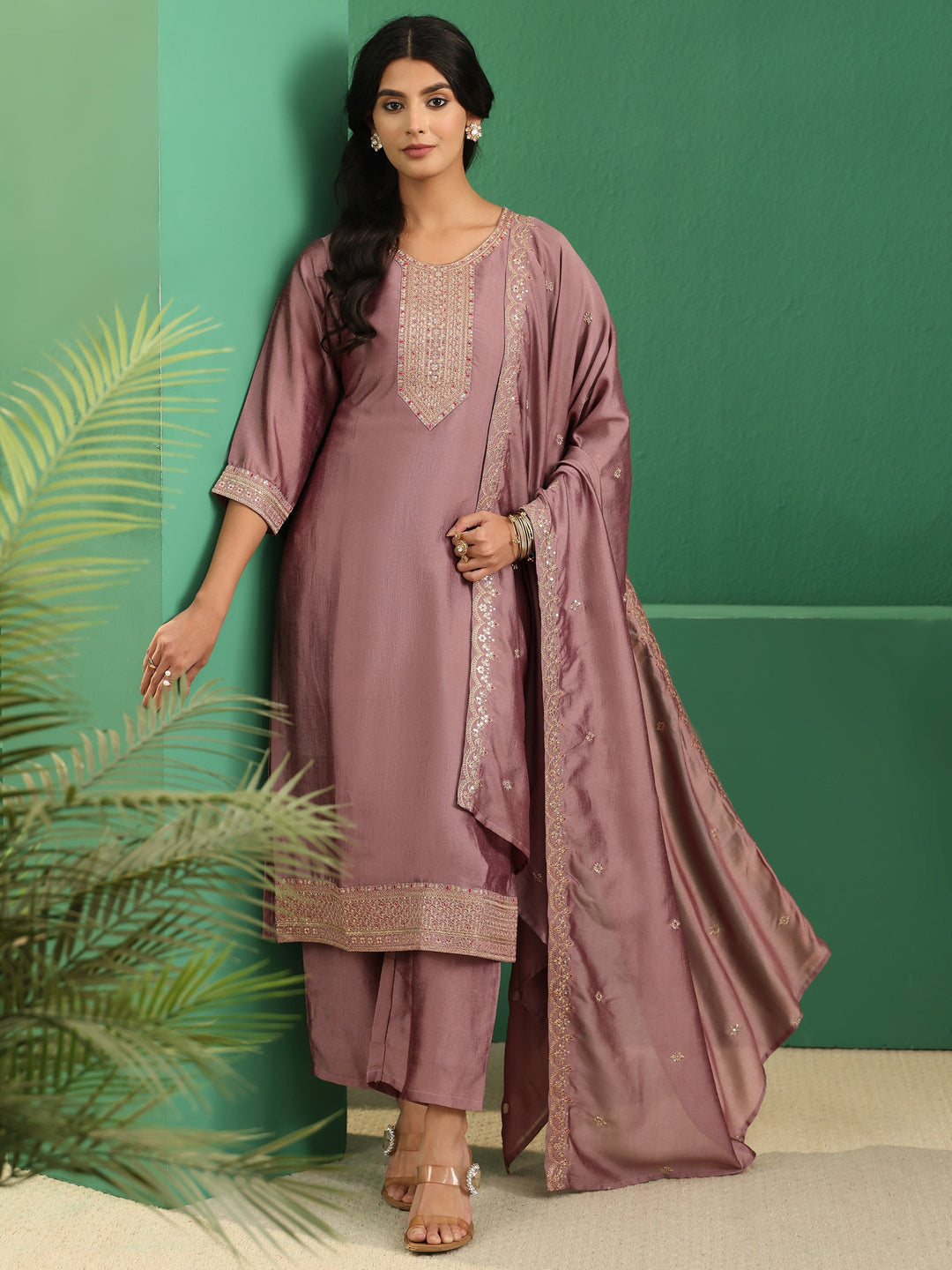  Libas Mauve Embellished Chanderi Silk Straight Suit Set 