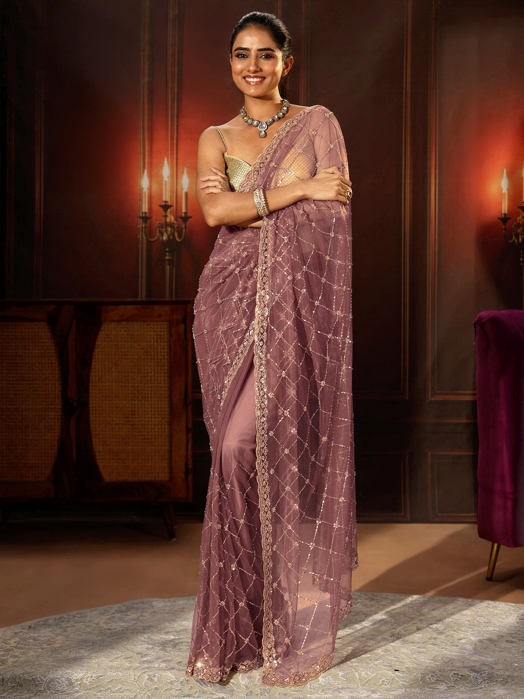  Libas Mauve Embellished Jaal Work Net Saree 