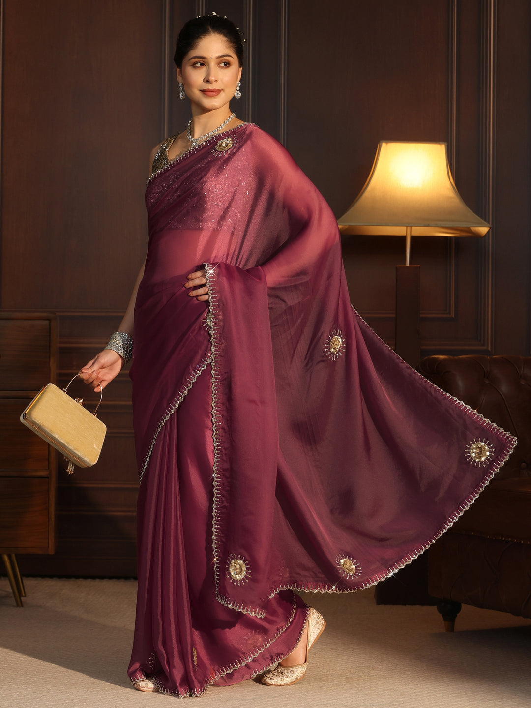 Libas Mauve Embellished Organza Saree with Applique Design