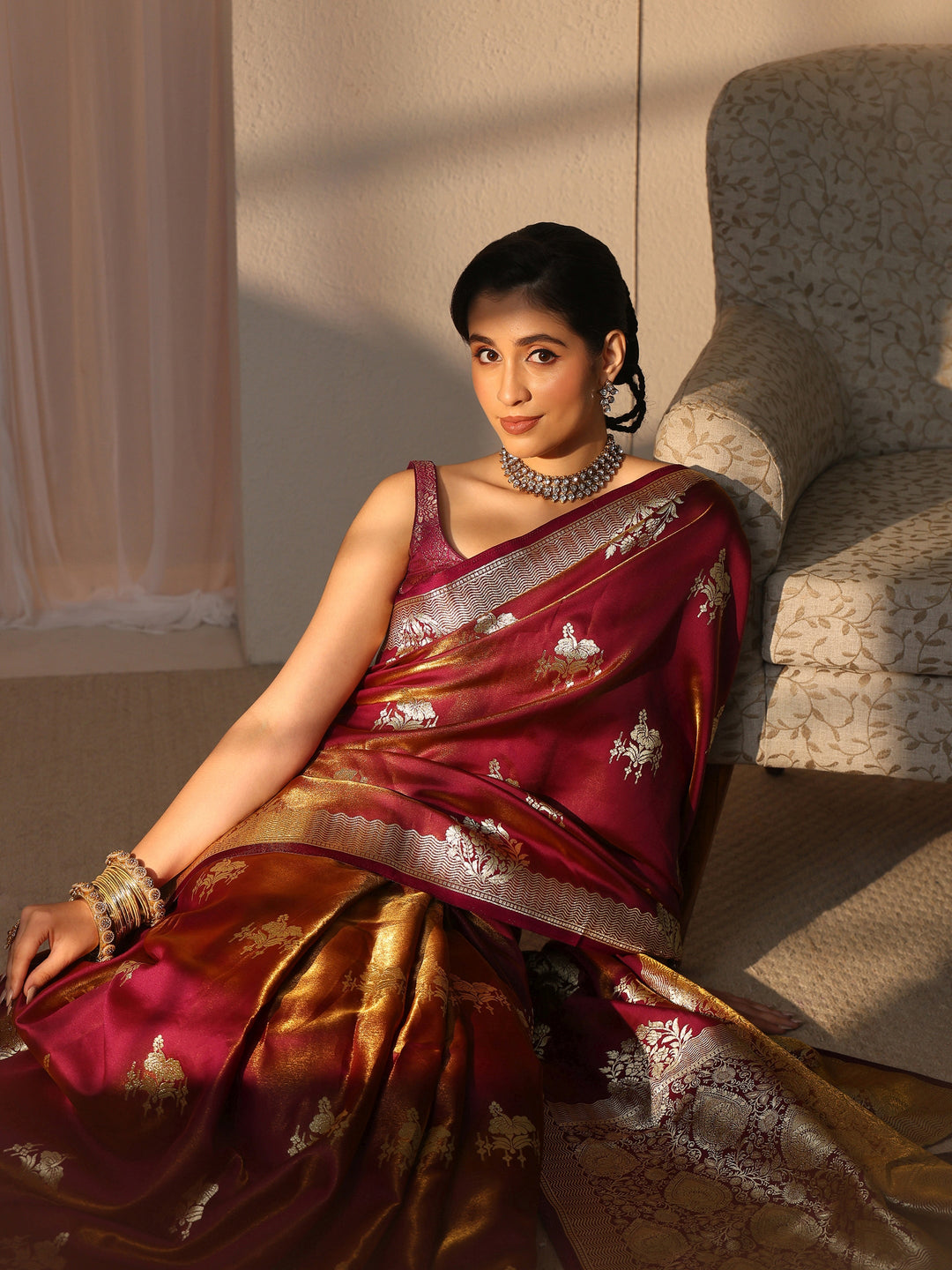  Libas Mauve Ethnic Woven Design Satin Tassel Saree 