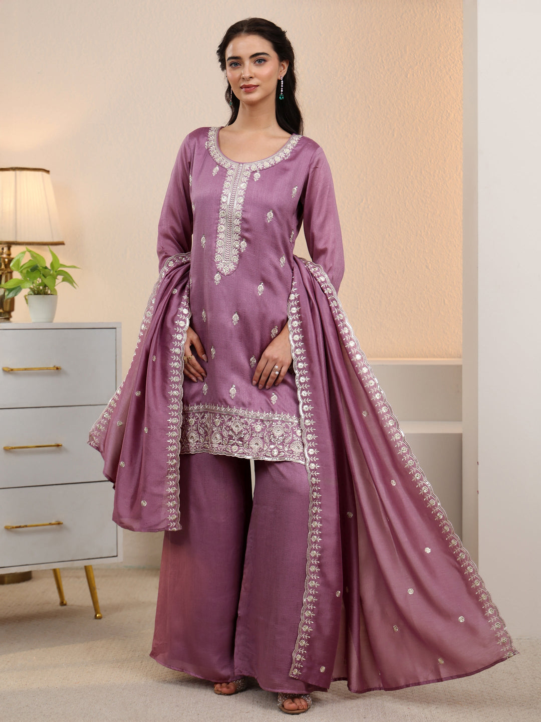 Libas Mauve Floral Embroidered Silk Blend Palazzo Suit Set