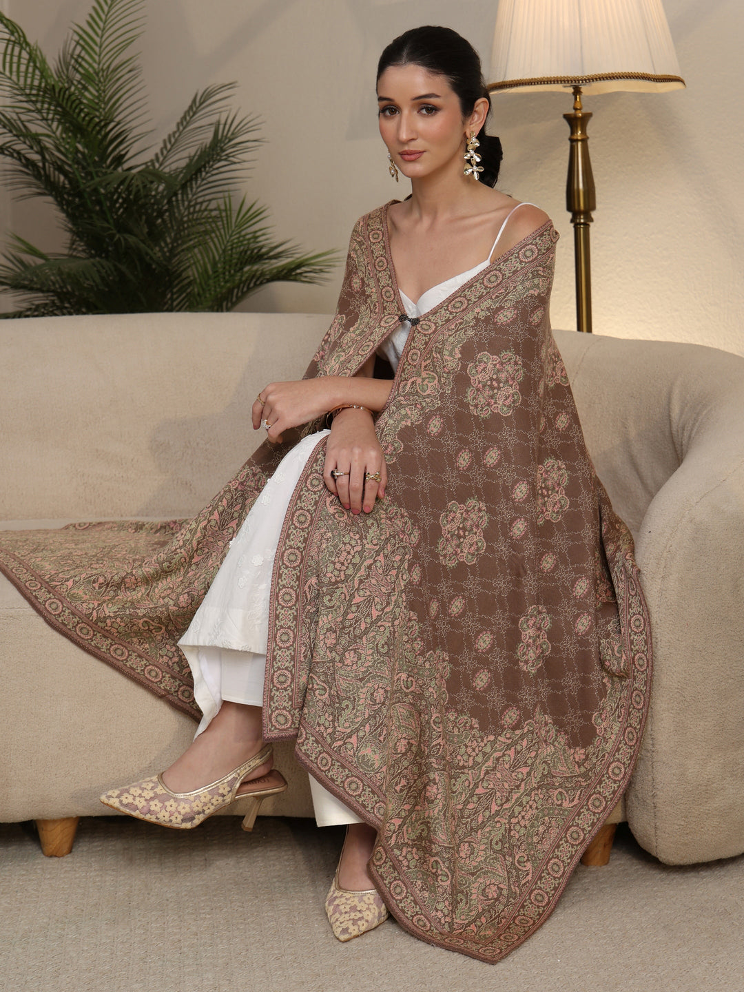  Libas Mauve Floral Knitted Acrylic Wrap Shawl 