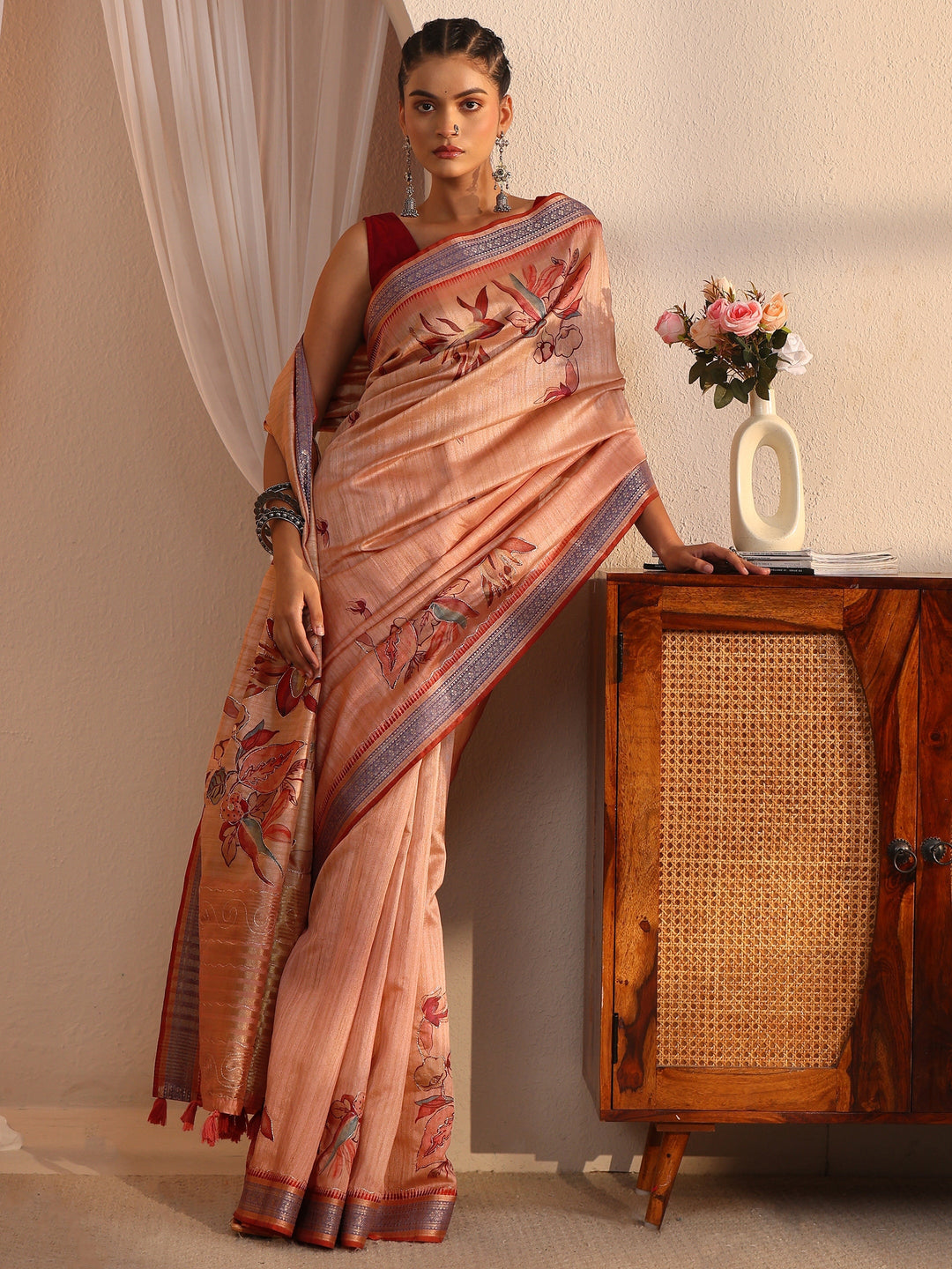  Libas Mauve Floral Printed Silk Blend Tassel Saree with Woven Border 