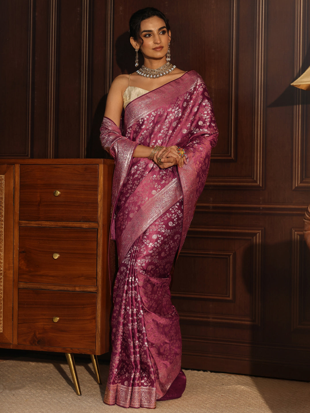 Libas Mauve Floral Woven Design Brocade Saree
